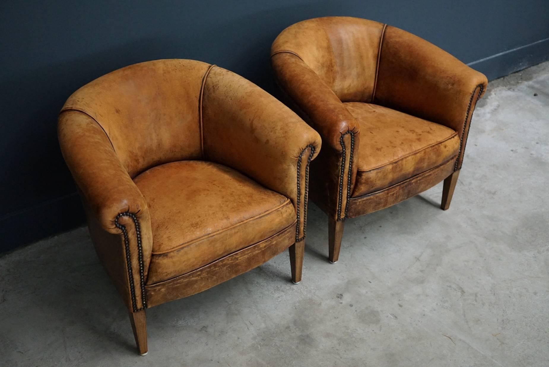 French Vintage Dutch Cognac Leather Club Chairs, Set of Two