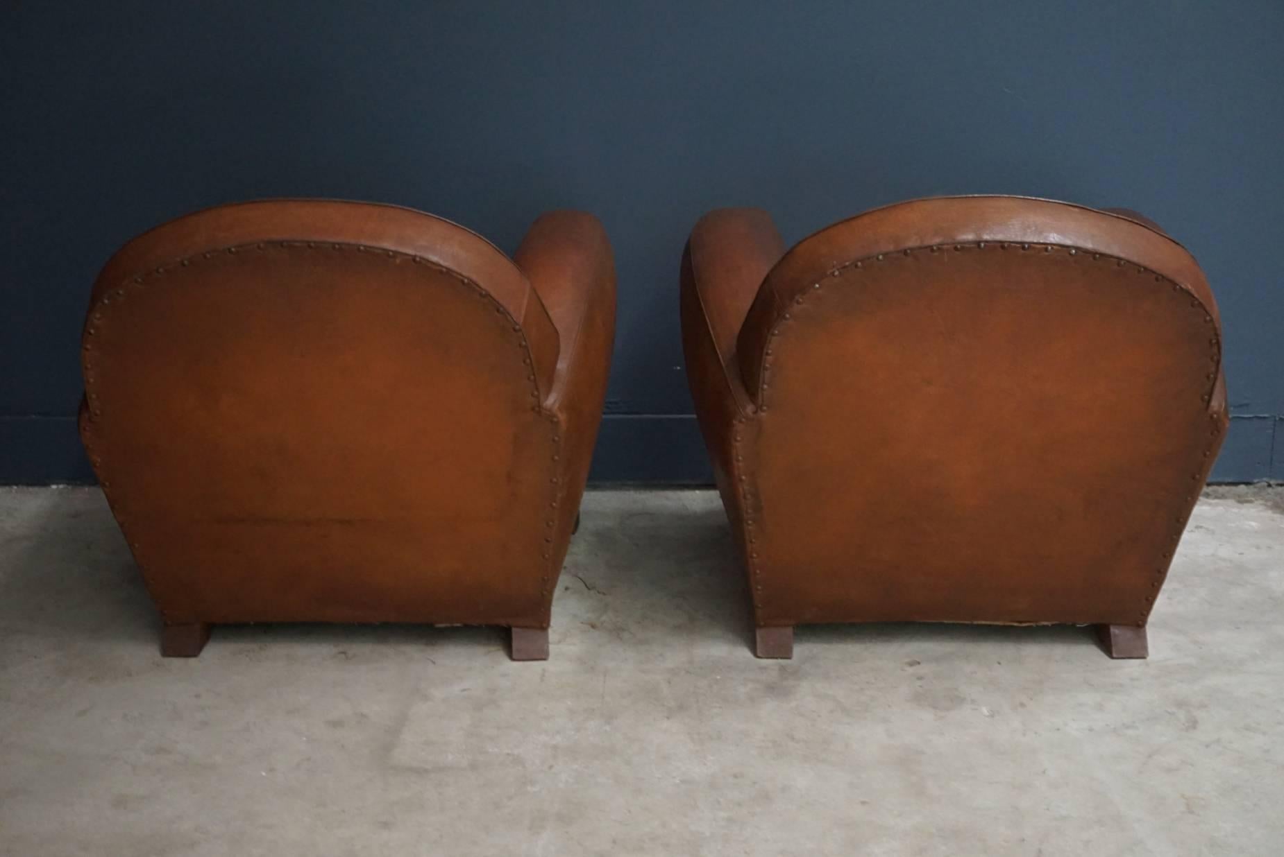 Mid-20th Century Vintage French Cognac Leather Club Chairs, Set of Two