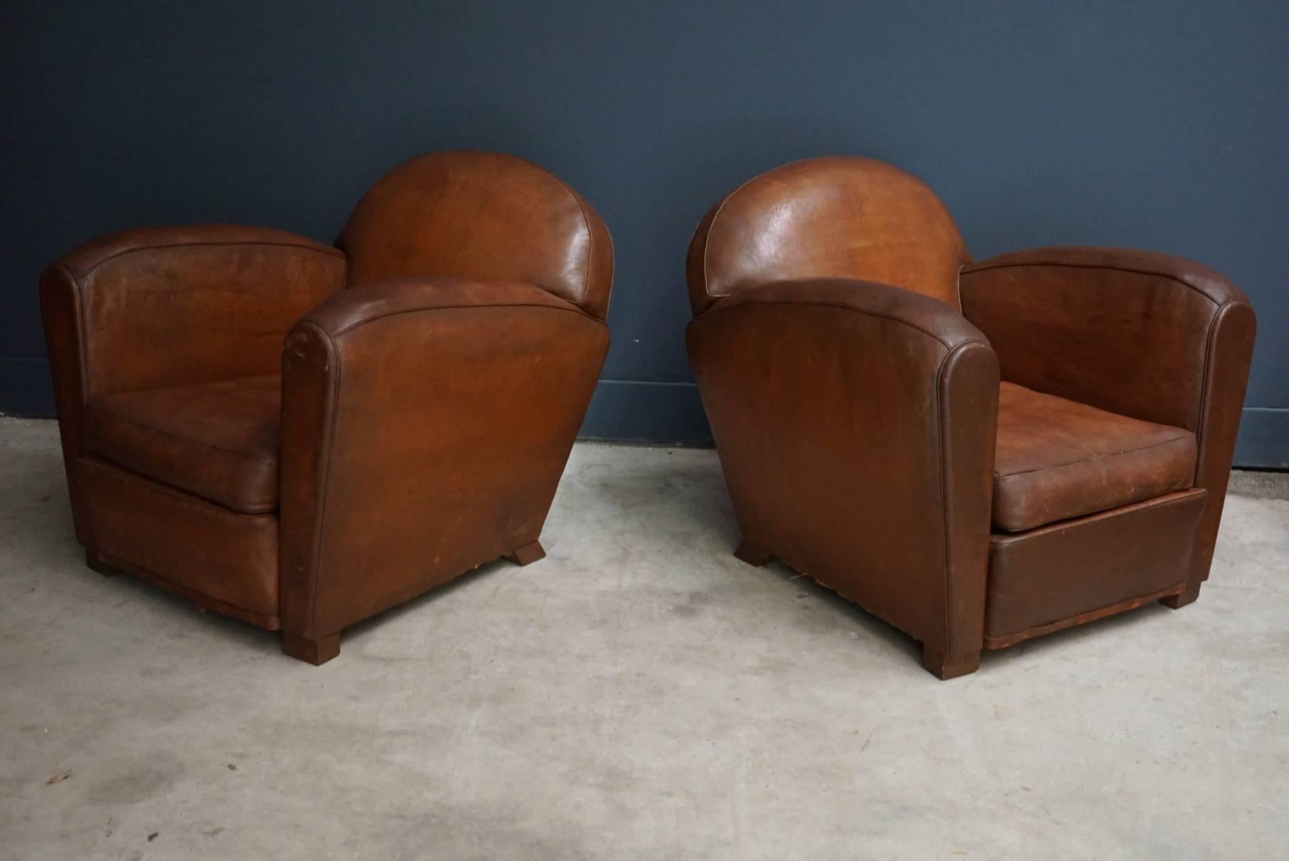 Vintage French Cognac Leather Club Chairs, Set of Two In Good Condition In Nijmegen, NL