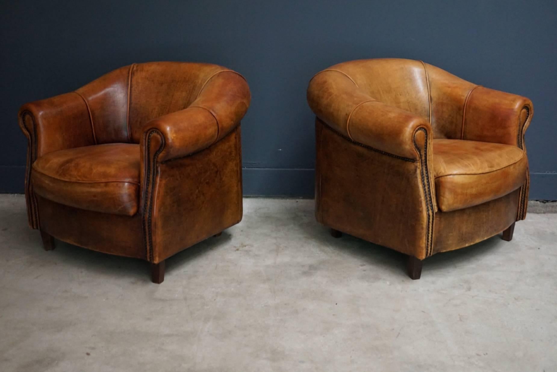 Vintage Dutch Cognac Leather Club Chairs, Set of Two 1