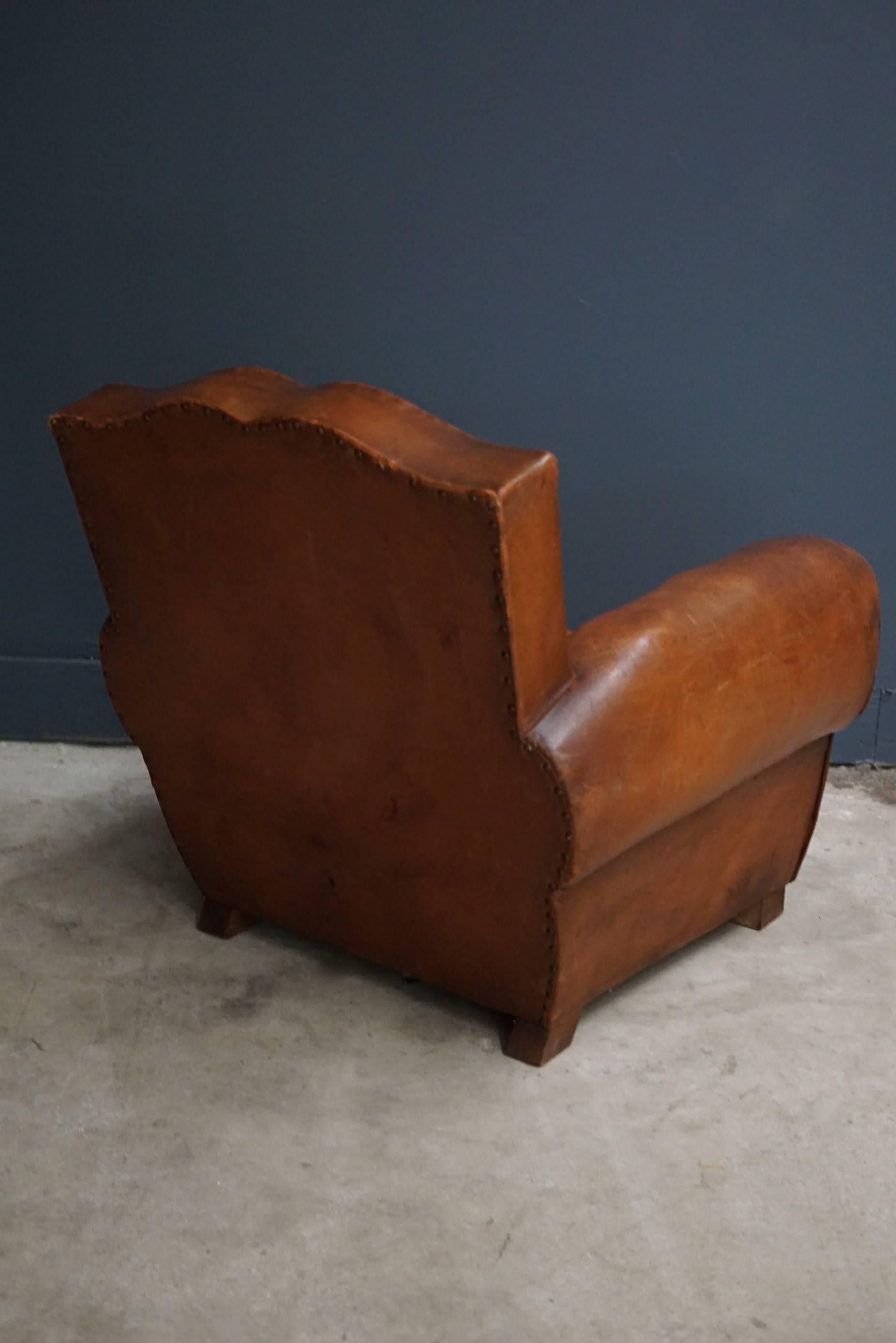 Mid-20th Century French Cognac Moustache Back Leather Club Chair, 1940s