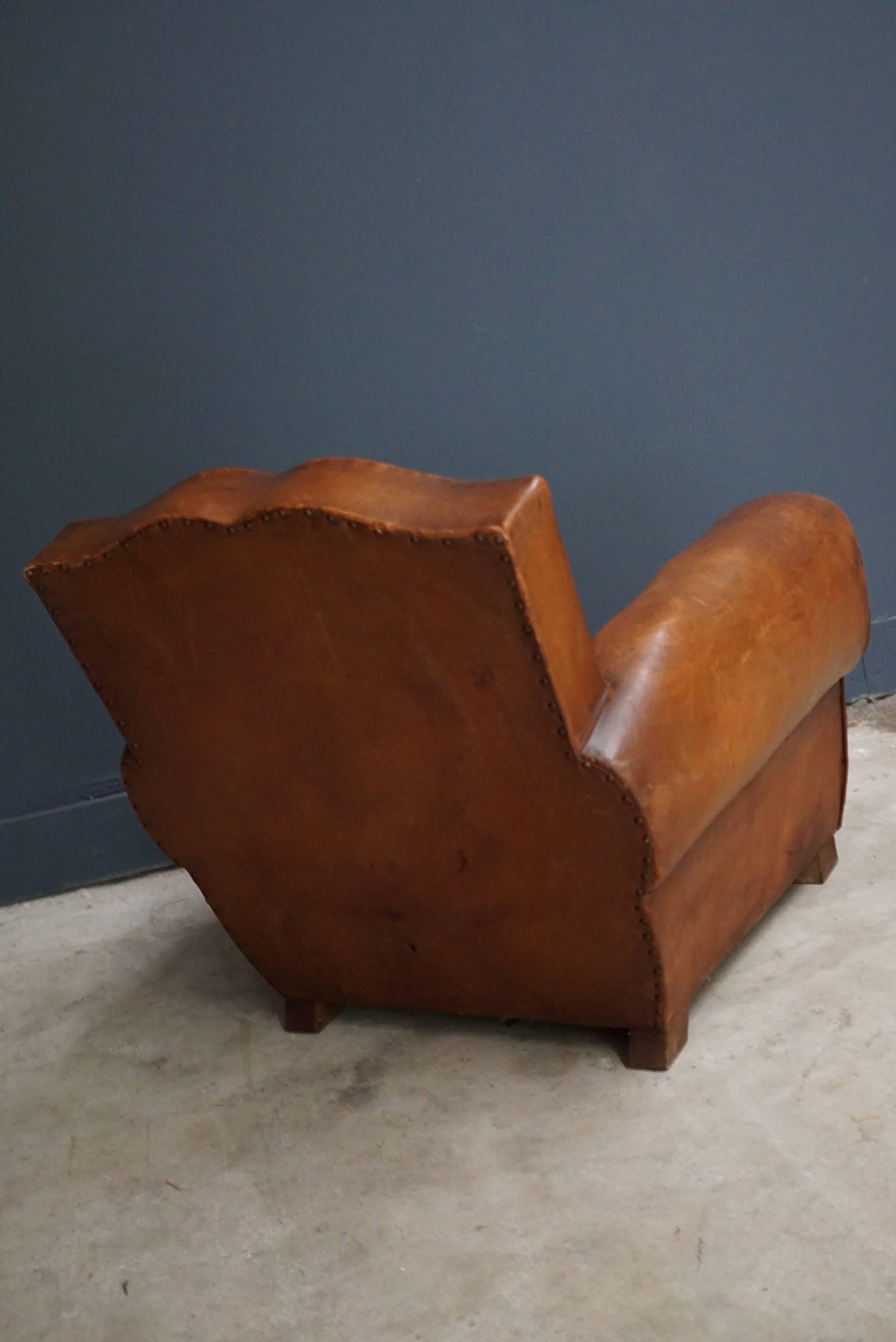 French Cognac Moustache Back Leather Club Chair, 1940s 1
