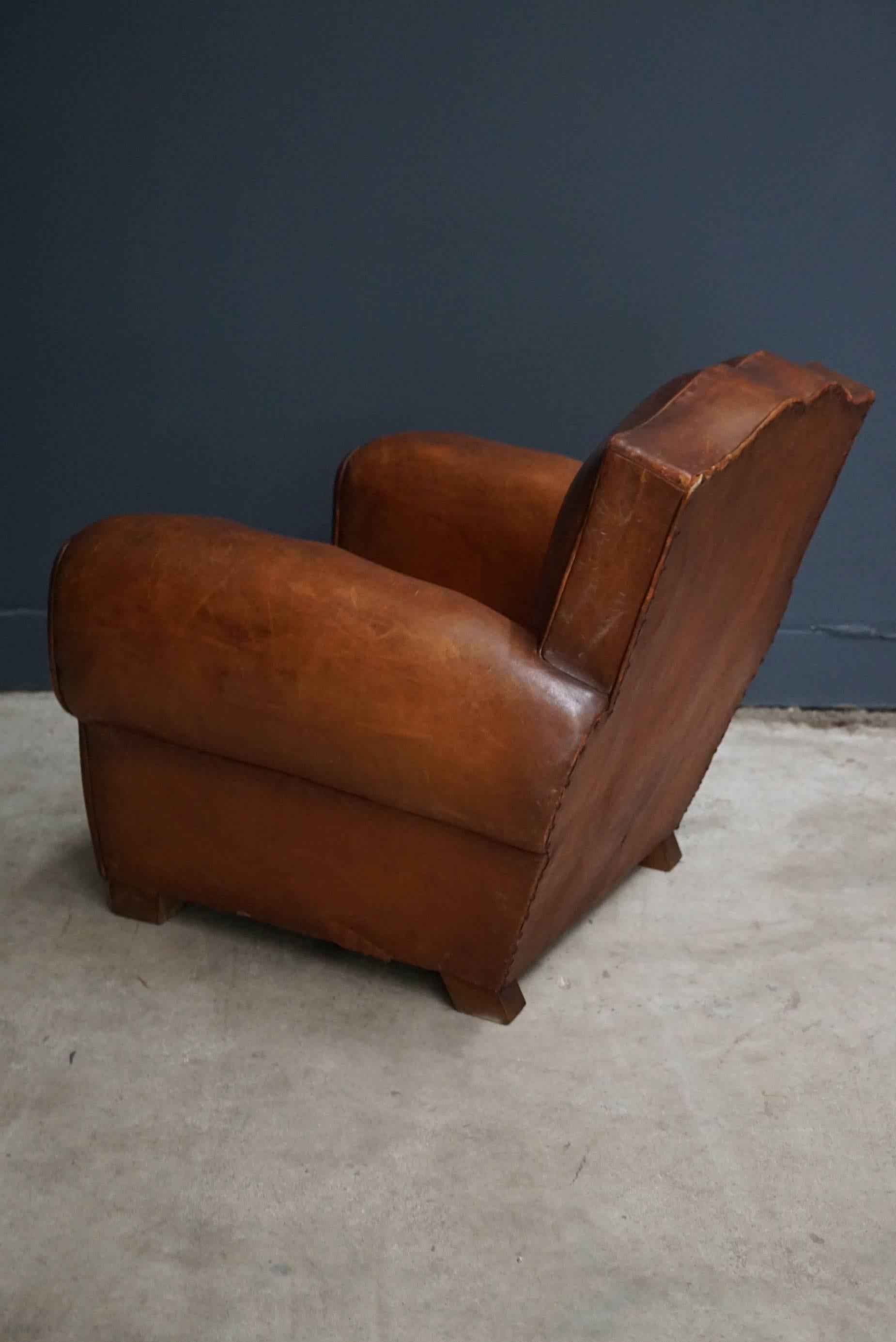 French Cognac Moustache Back Leather Club Chair, 1940s 3