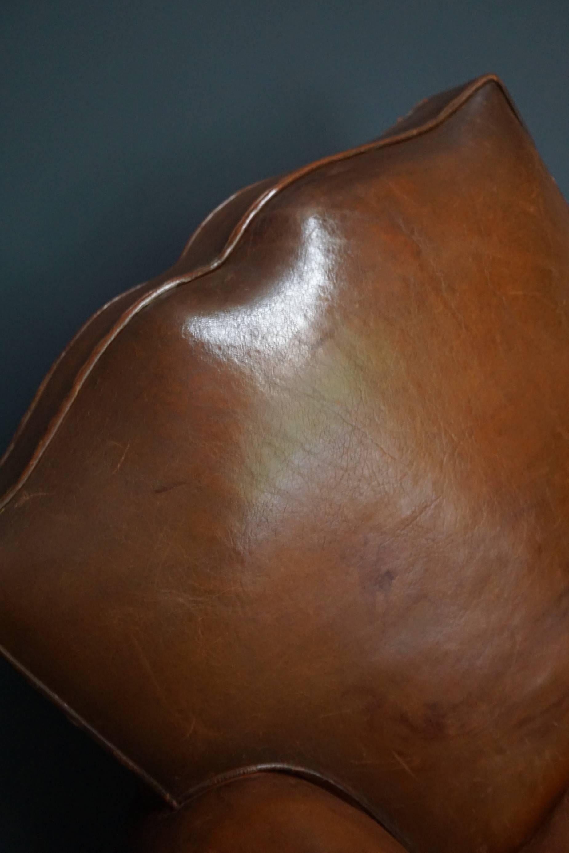 Industrial French Cognac Moustache Back Leather Club Chair, 1940s