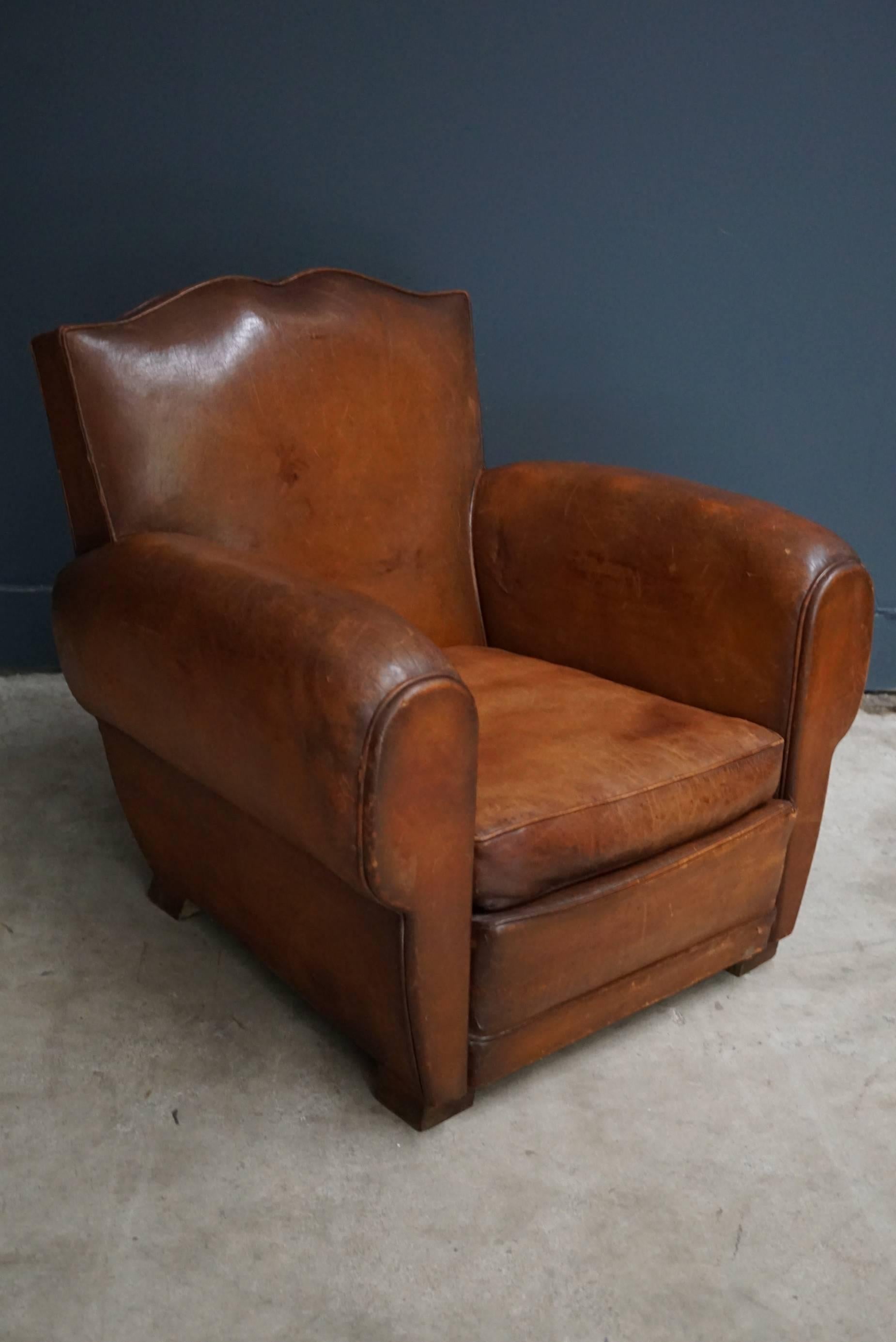 French Cognac Moustache Back Leather Club Chair, 1940s In Good Condition In Nijmegen, NL