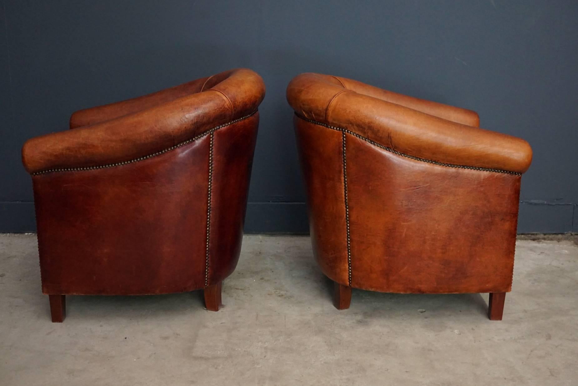 Vintage Dutch Cognac Leather Club Chairs, Set of Two 2