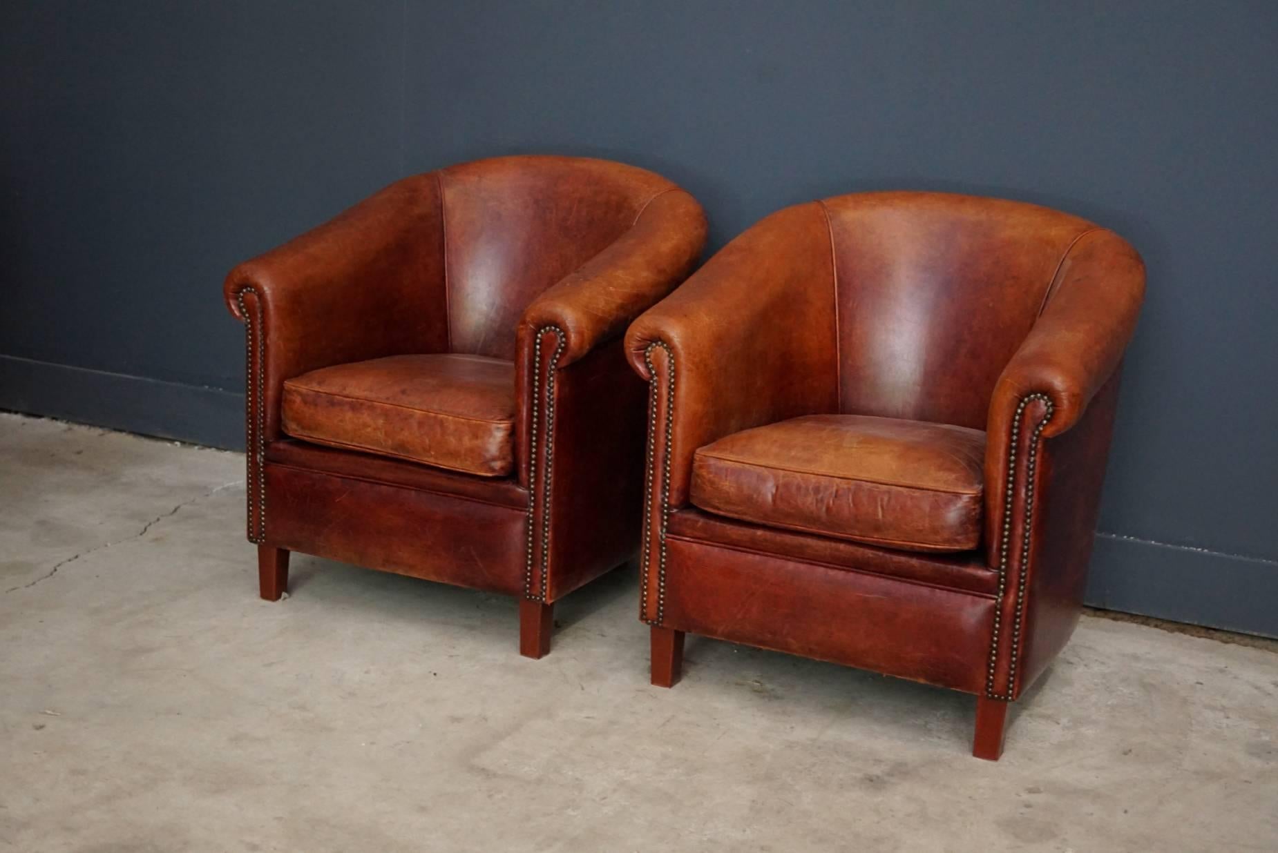 Industrial Vintage Dutch Cognac Leather Club Chairs, Set of Two