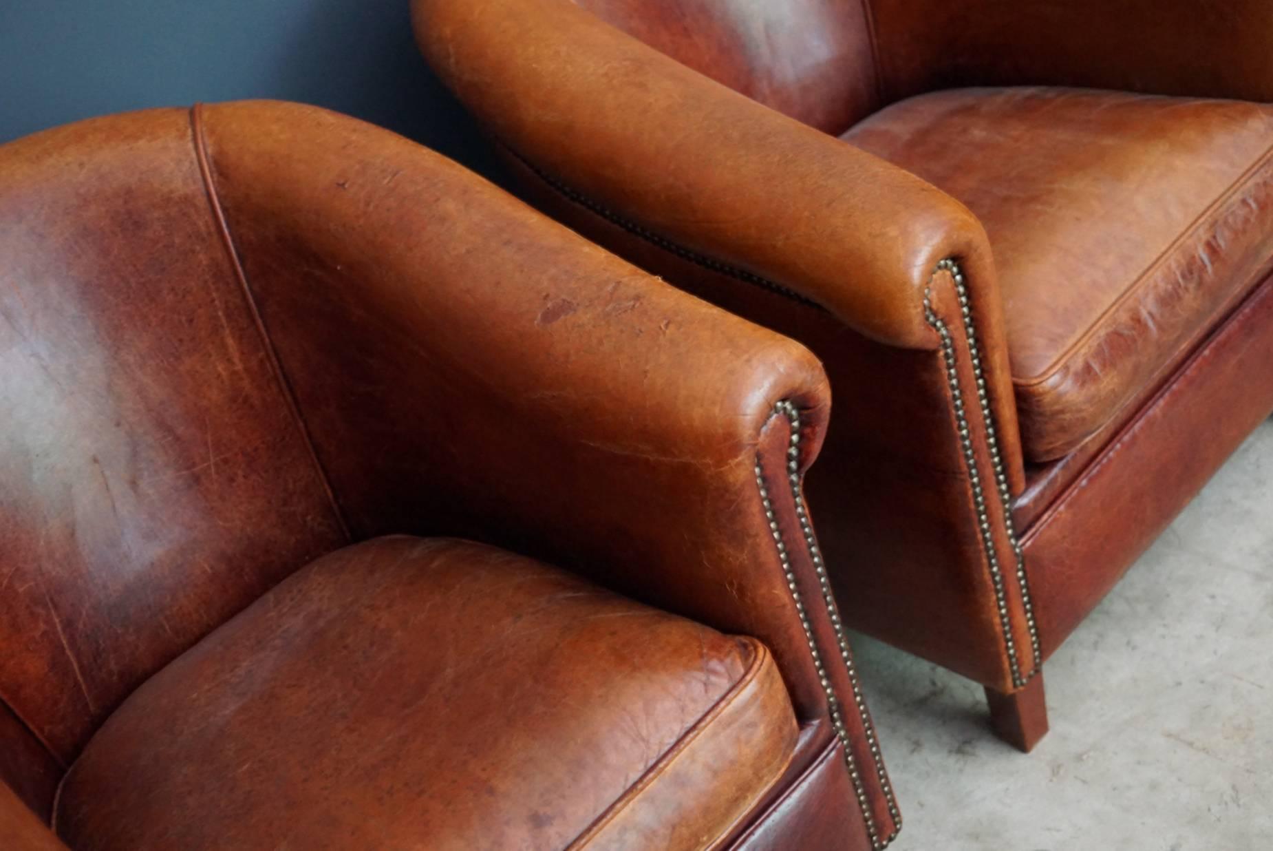 20th Century Vintage Dutch Cognac Leather Club Chairs, Set of Two