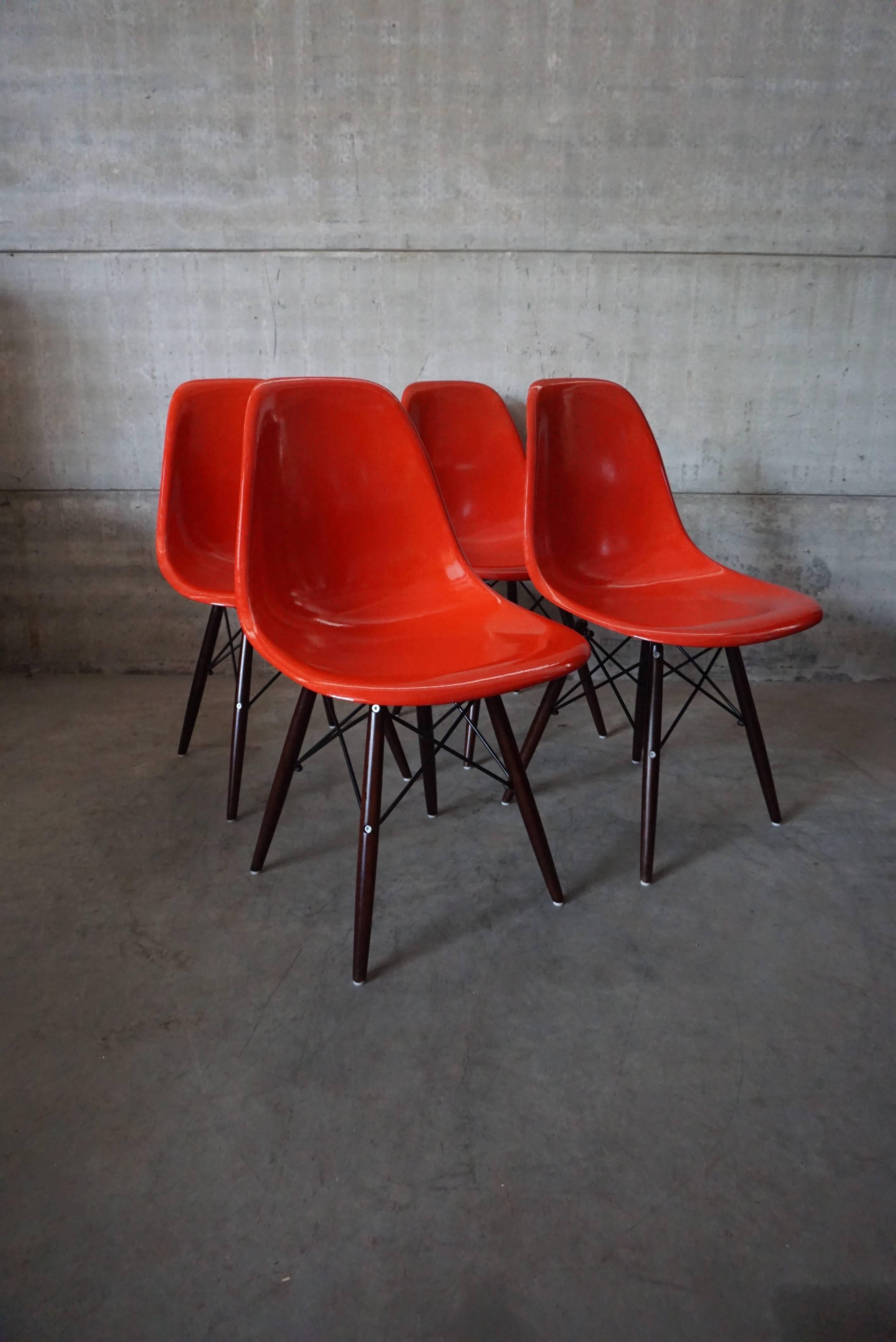 Mid-Century Modern Red DSW Chairs by Charles and Ray Eames, 1950s, Set of Four