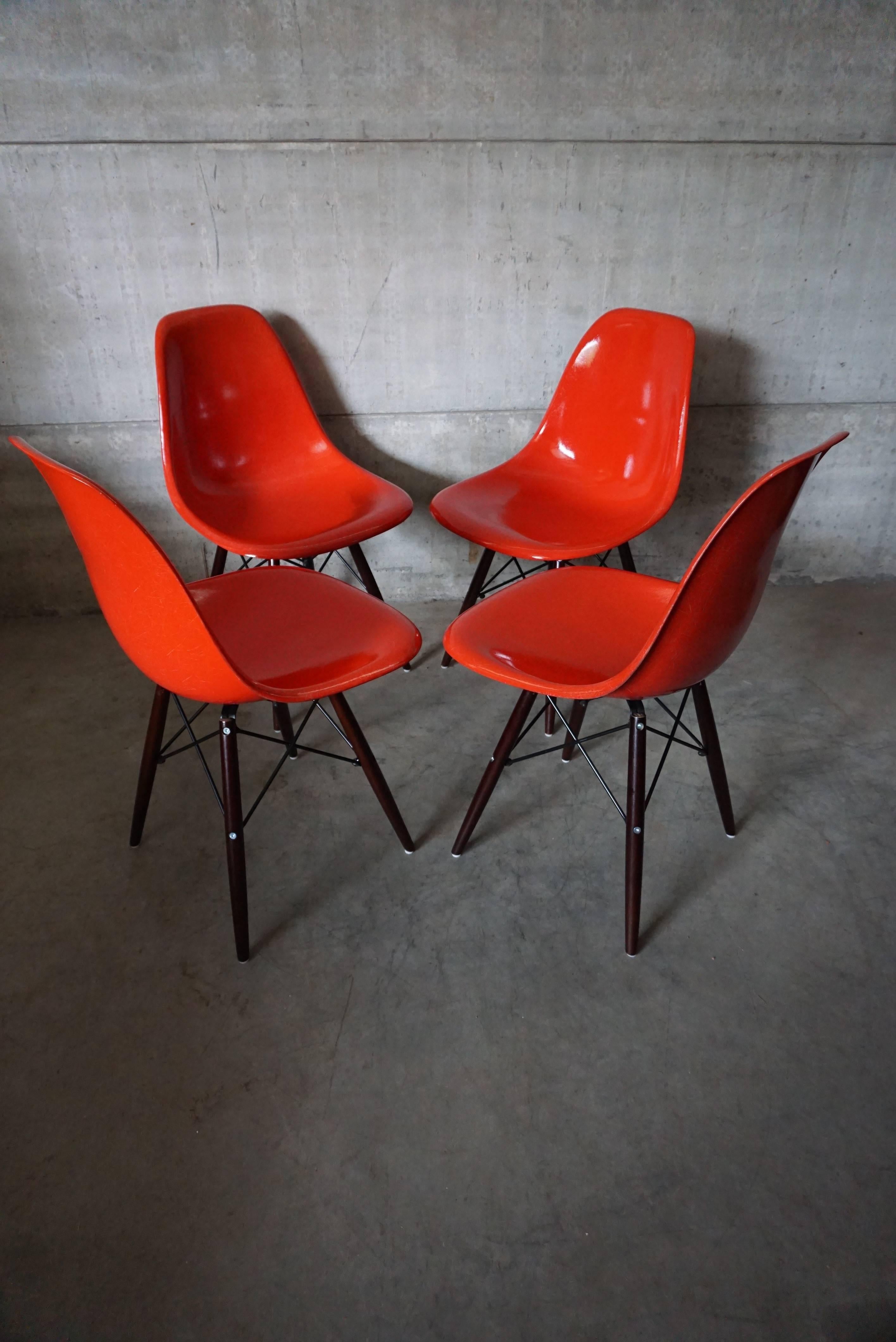 American Red DSW Chairs by Charles and Ray Eames, 1950s, Set of Four