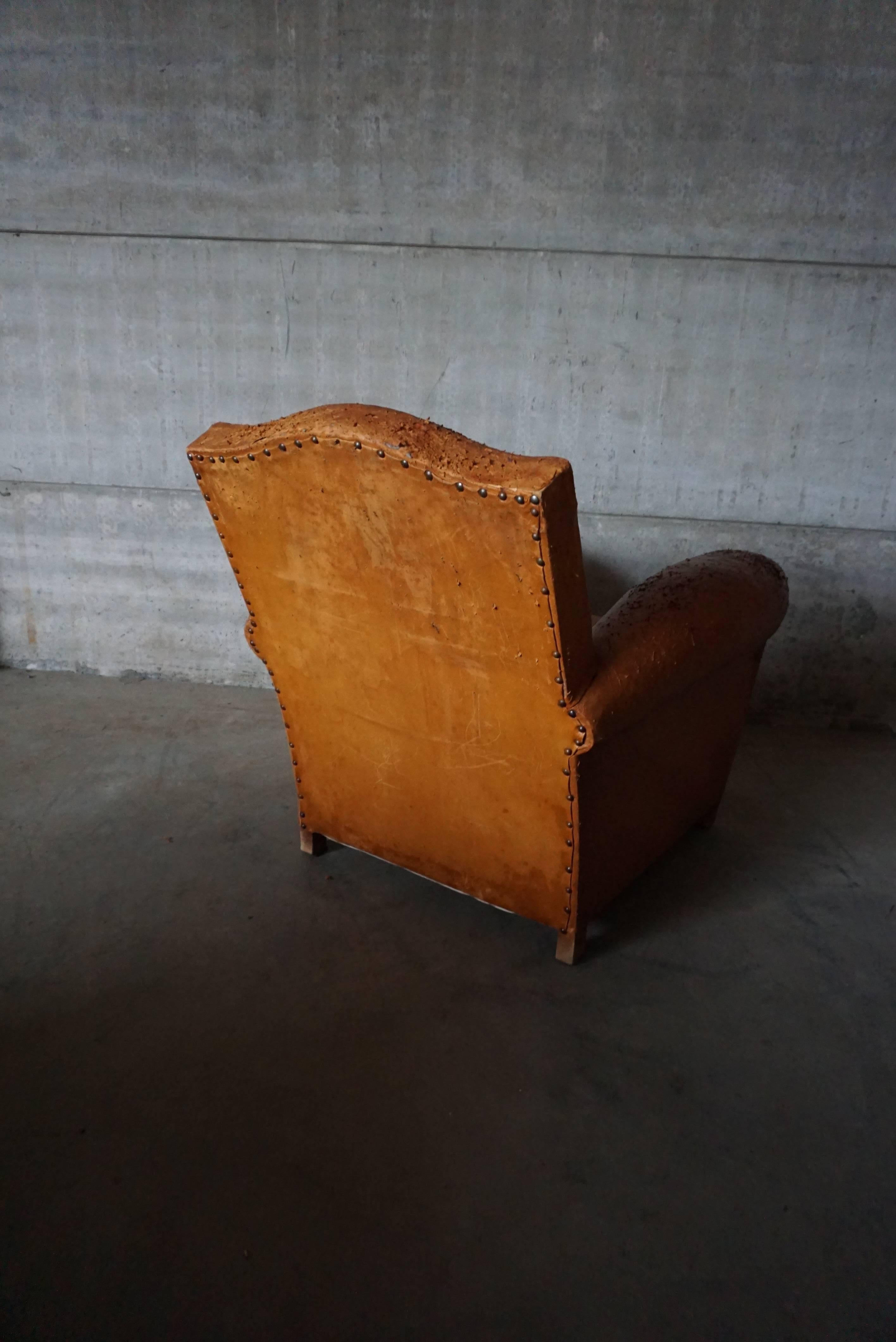 Vintage Distressed Cognac Leather French Club Chair 1930s 1