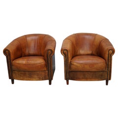 Sedia da club olandese vintage in pelle color cognac, set di 2