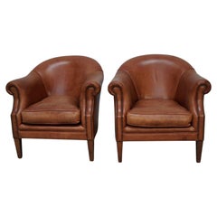 Sedia da club olandese vintage in pelle color cognac, set di 2