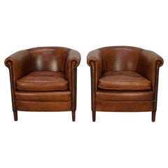 Vintage Dutch Cognac Colored Leather Club Chair, Set of 2