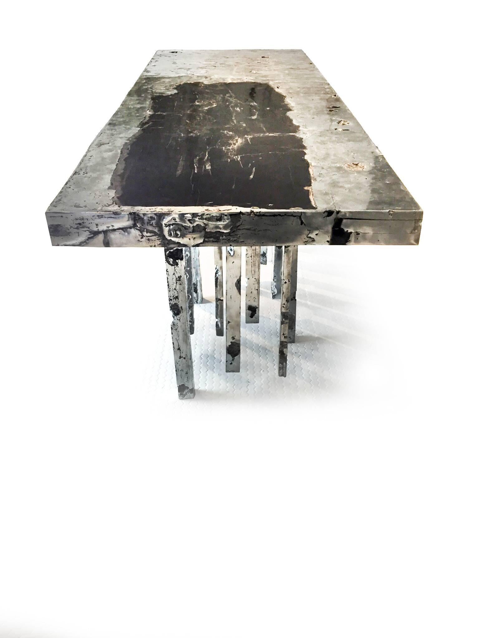 Modern One of a Kind Solid Zinc and Petrified Wood Waterfall Sculptural Dining Table For Sale