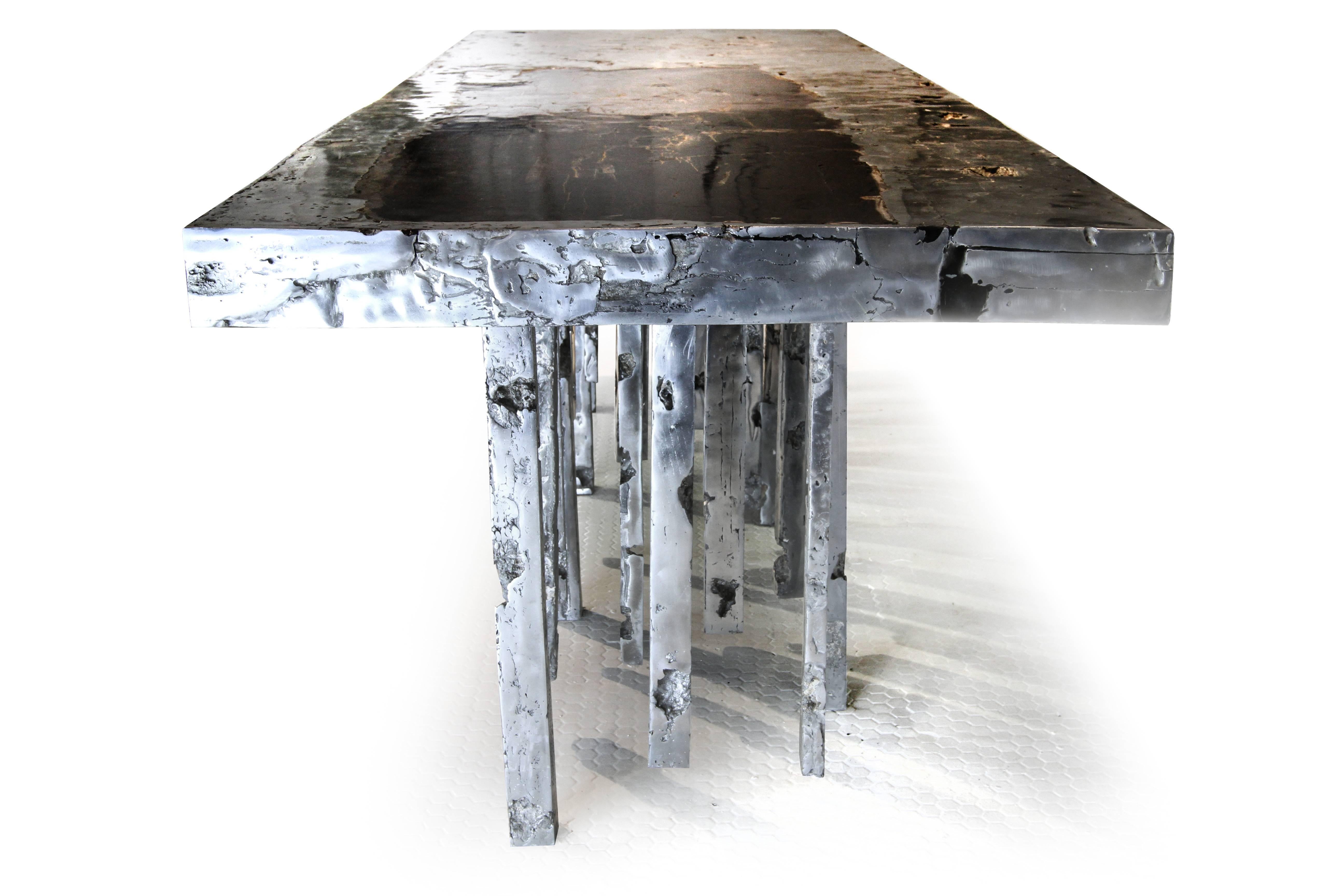 American One of a Kind Solid Zinc and Petrified Wood Waterfall Sculptural Dining Table For Sale