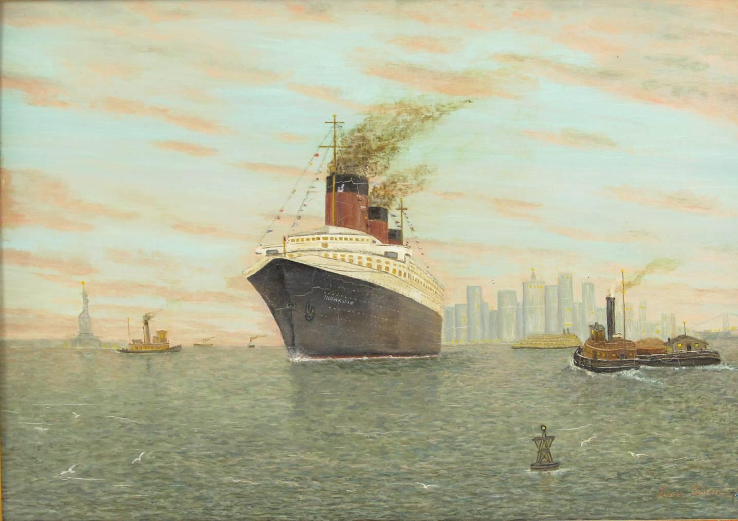 Rare original oil on mahogany wood panel by Louis Sedroc, France. Featuring the SS Normandie Transatlantic Ocean Liner arriving in New York. Vintage original wood frame. Signed on bottom right corner. Hand-written marking at the back on frame: 