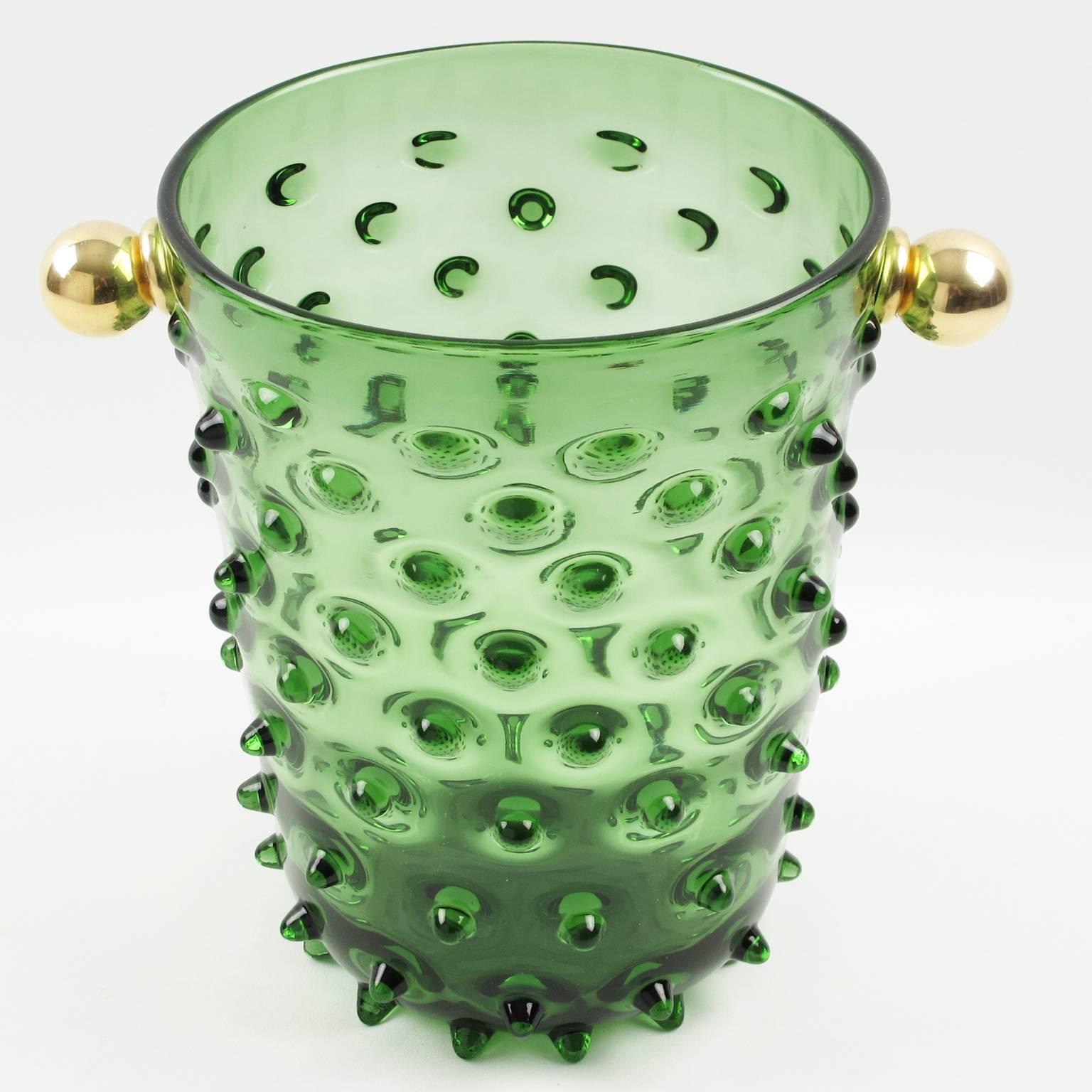 Vintage green glass champagne or wine cooler, ice bucket, mouth-blown in Empoli, Italy, circa 1960s. Exclusive hobnail flowing pattern with solid brass bead handles. Polished pontil mark on the bottom. Excellent condition.

Measurements: 9.44 in.