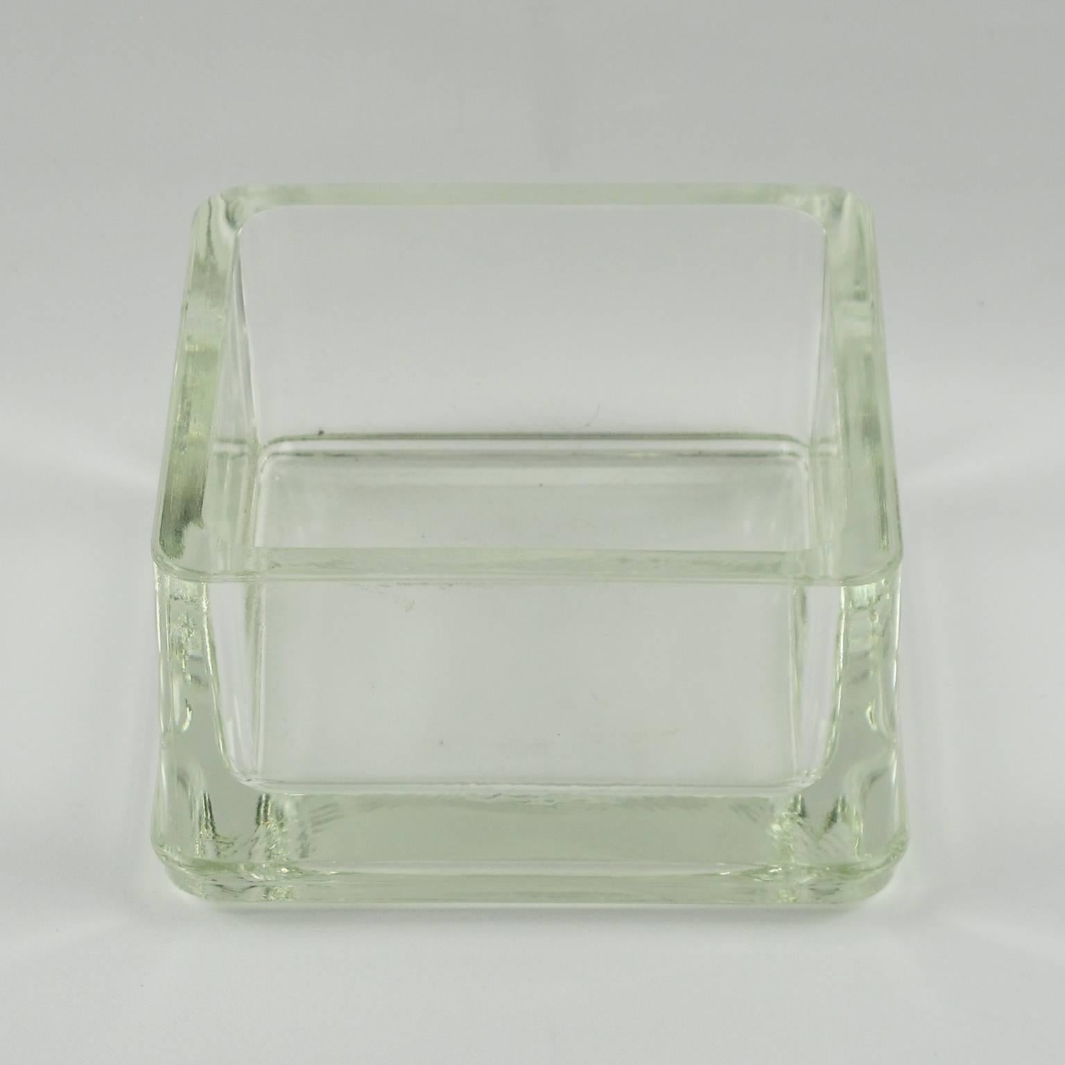 Industrial thick molded glass desktop accessory (desk tidy - ashtray) manufactured by Lumax, France. Original design by Le Corbusier, circa 1950s. Engraved company logo on side. Excellent vintage condition.

Measurements: 5.5 in. wide (14 cm) x