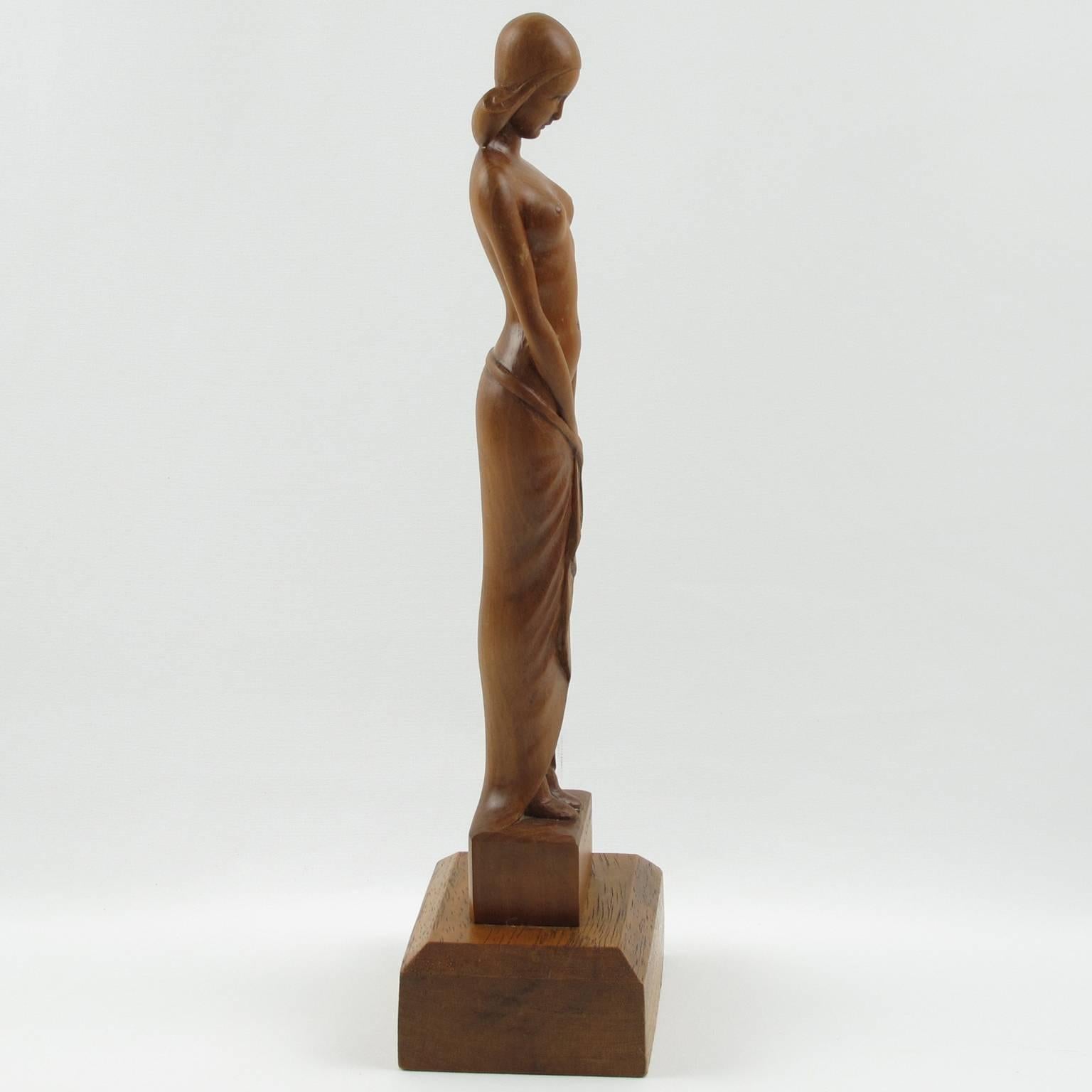 Mid-20th Century Vintage French Art Deco Wooden Sculpture Statuette by L. Goussot, circa 1930s