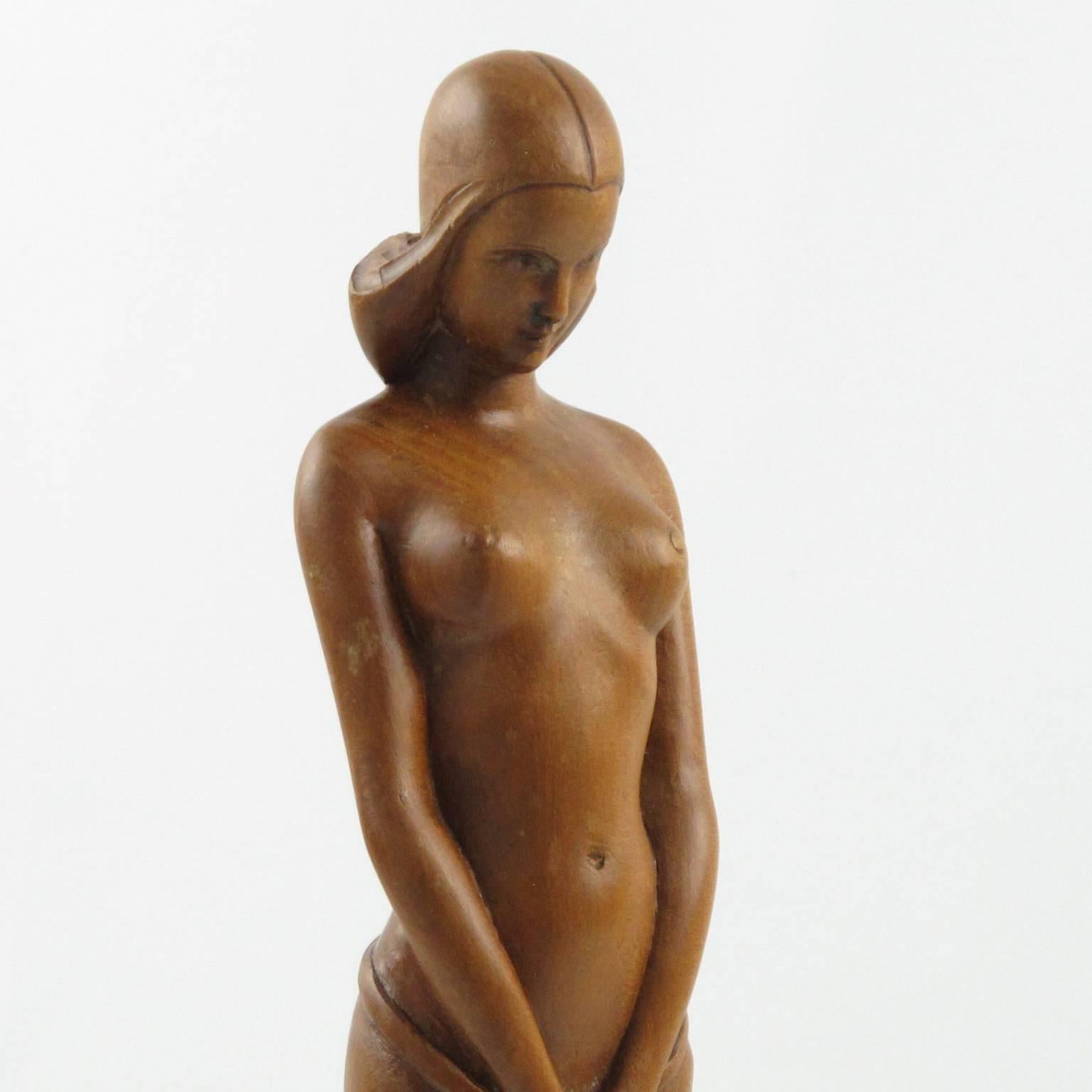 Vintage French Art Deco Wooden Sculpture Statuette by L. Goussot, circa 1930s 1