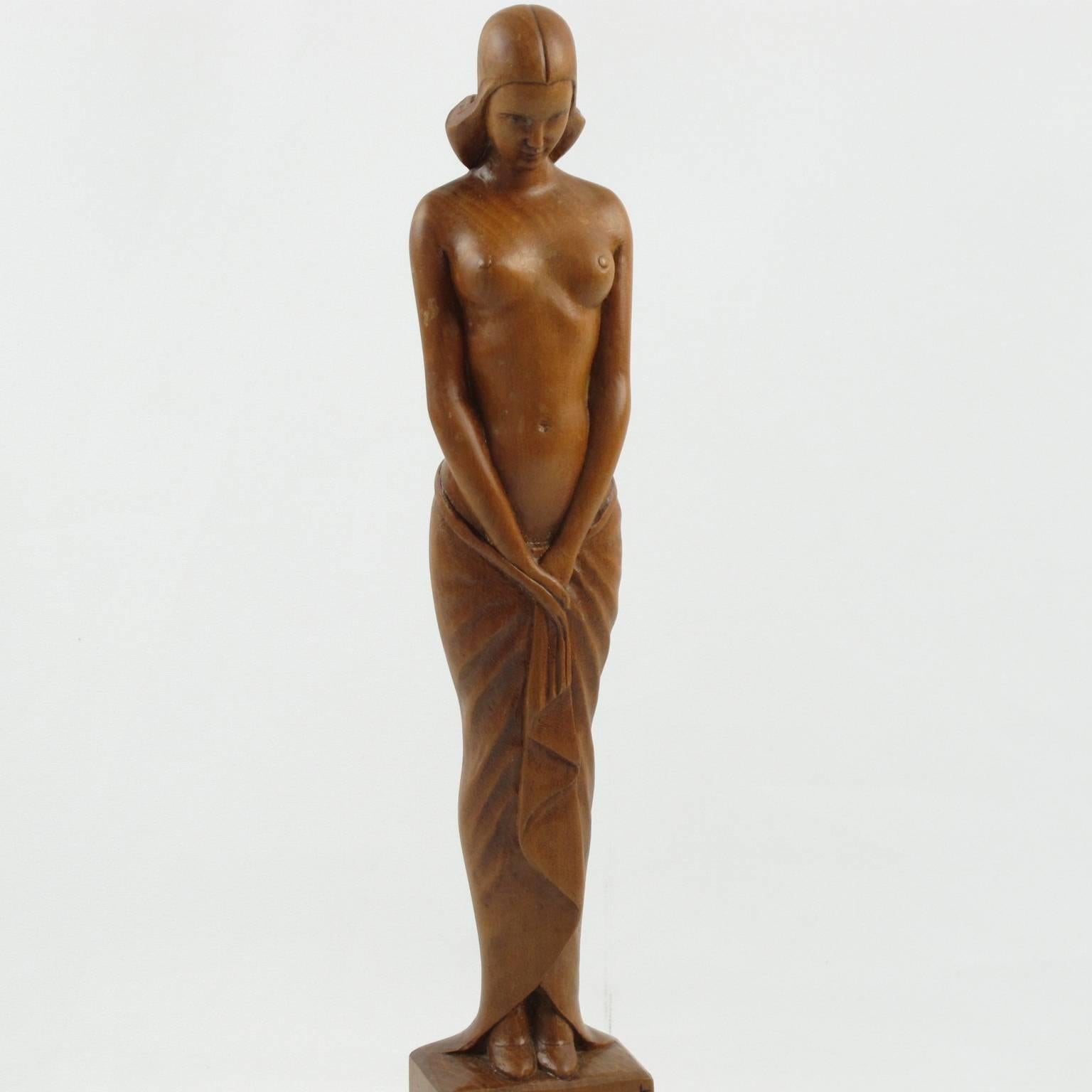 Beech Vintage French Art Deco Wooden Sculpture Statuette by L. Goussot, circa 1930s