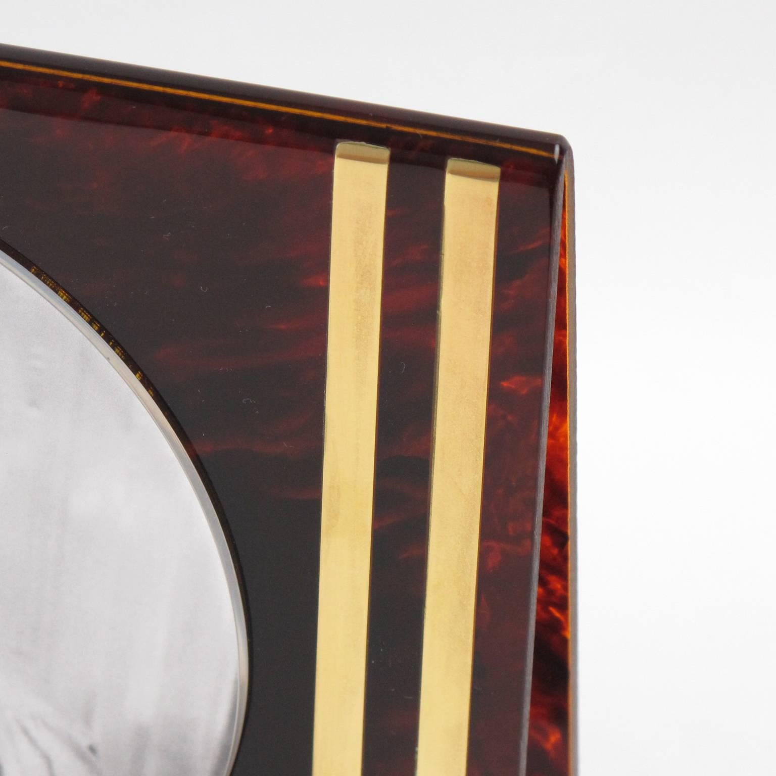 Mid-Century Modern Tortoiseshell Lucite and Brass Picture Photo Frame Guzzini, Italy, 1970s