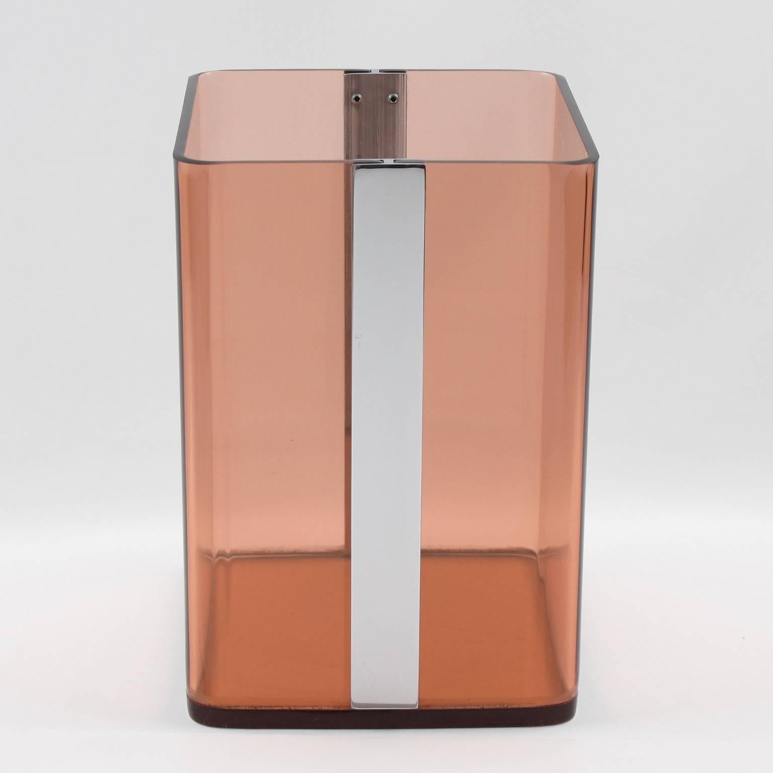 Vintage Lucite paper waste basket designed for Roche Bobois, France in 1970s. Geometric tall shape with chrome accent and transparent smoked Lucite. Great accessory for any modern interior, office or bathroom. Excellent vintage condition.
