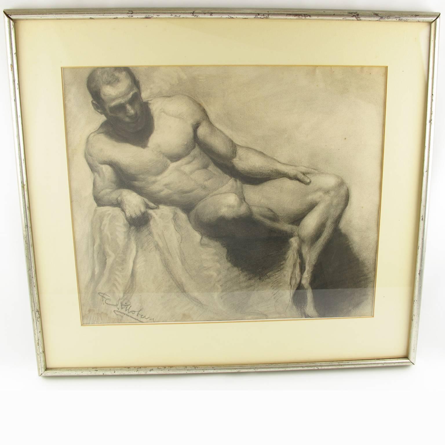 Signed man nude study, graphite, charcoal on arches paper painting. Signature on bottom left corner that read: F.C.?. Original silver leaf frame with glass protection.

Measurements:
With frame: 28.50 in. wide (72.5 cm) x 25.75 in. high (65.5