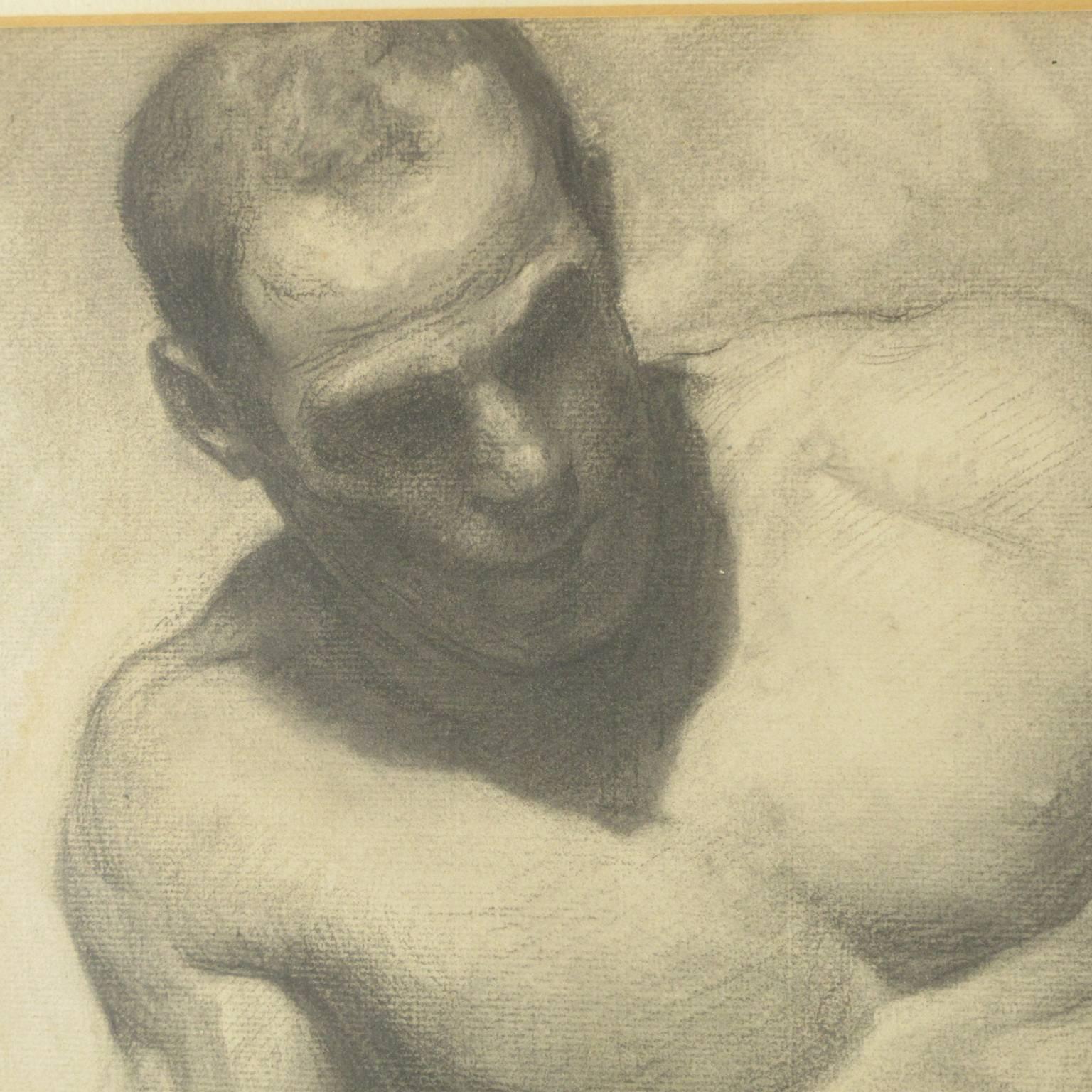 Seated Man, Nude Study Charcoal Drawing, Signed In Good Condition In Atlanta, GA