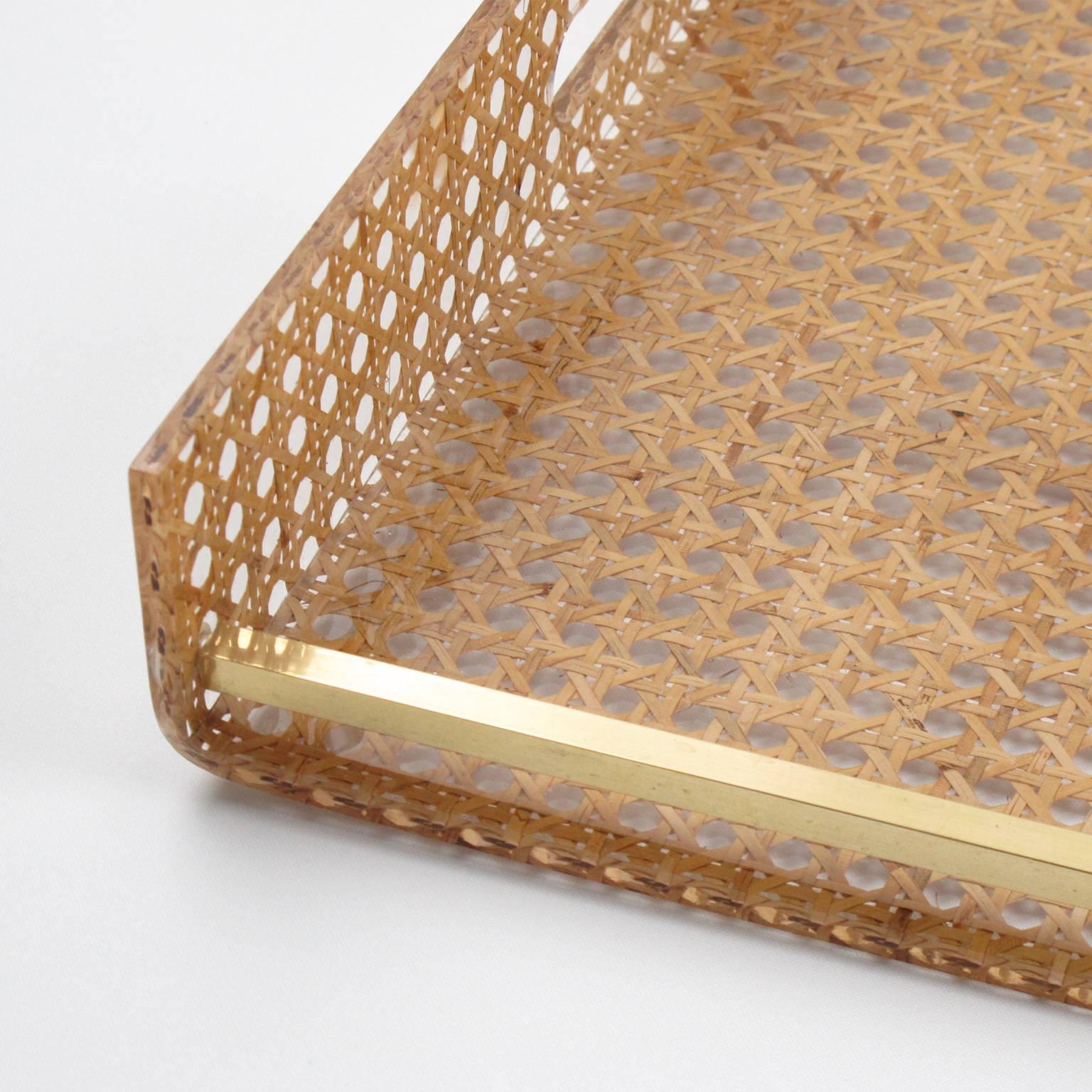French 1970s Lucite and Rattan Serving Tray by Christian Dior Home Collection