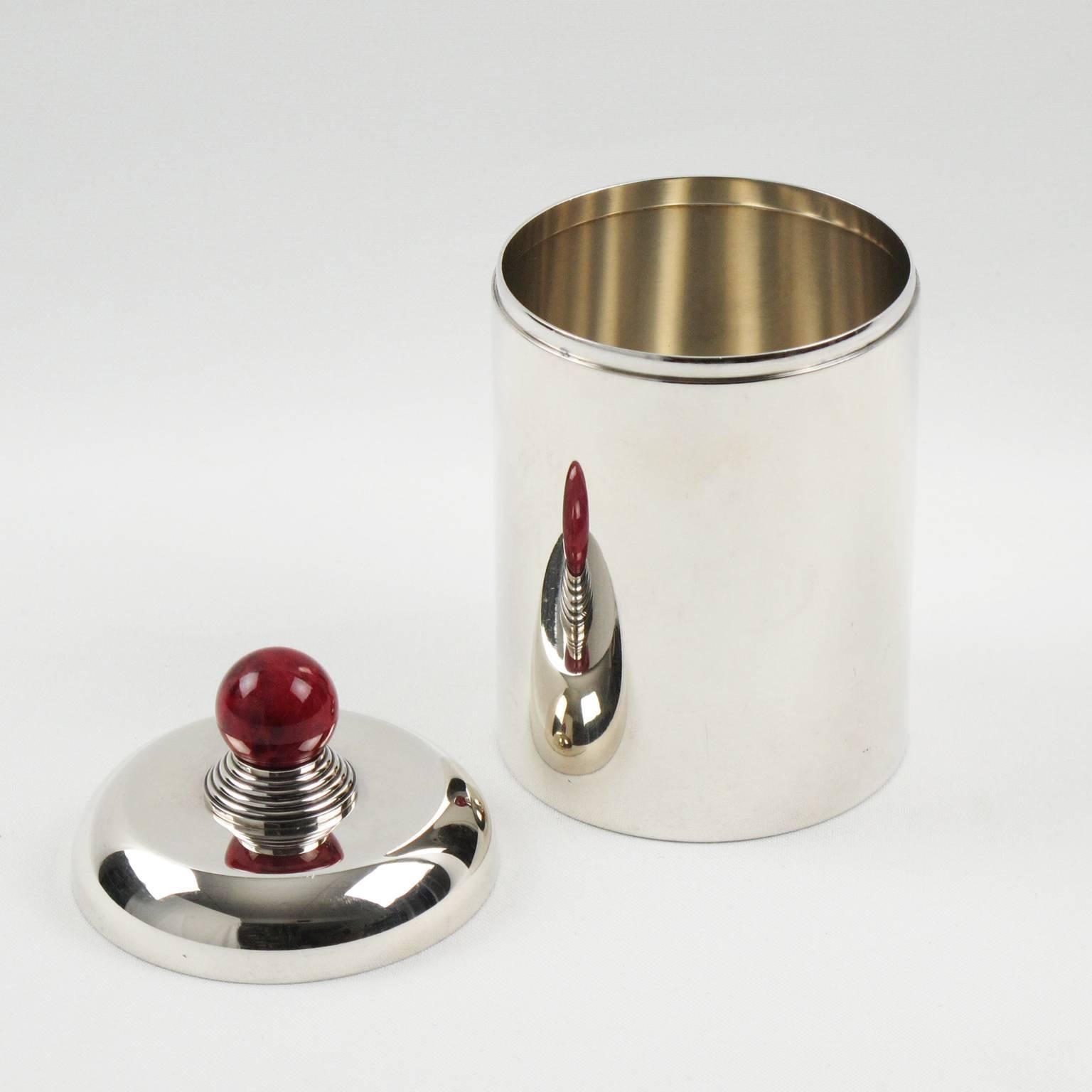 Jean Puiforcat French Art Deco Silver Plate Vanity Box with Red Agate Stone In Excellent Condition In Atlanta, GA