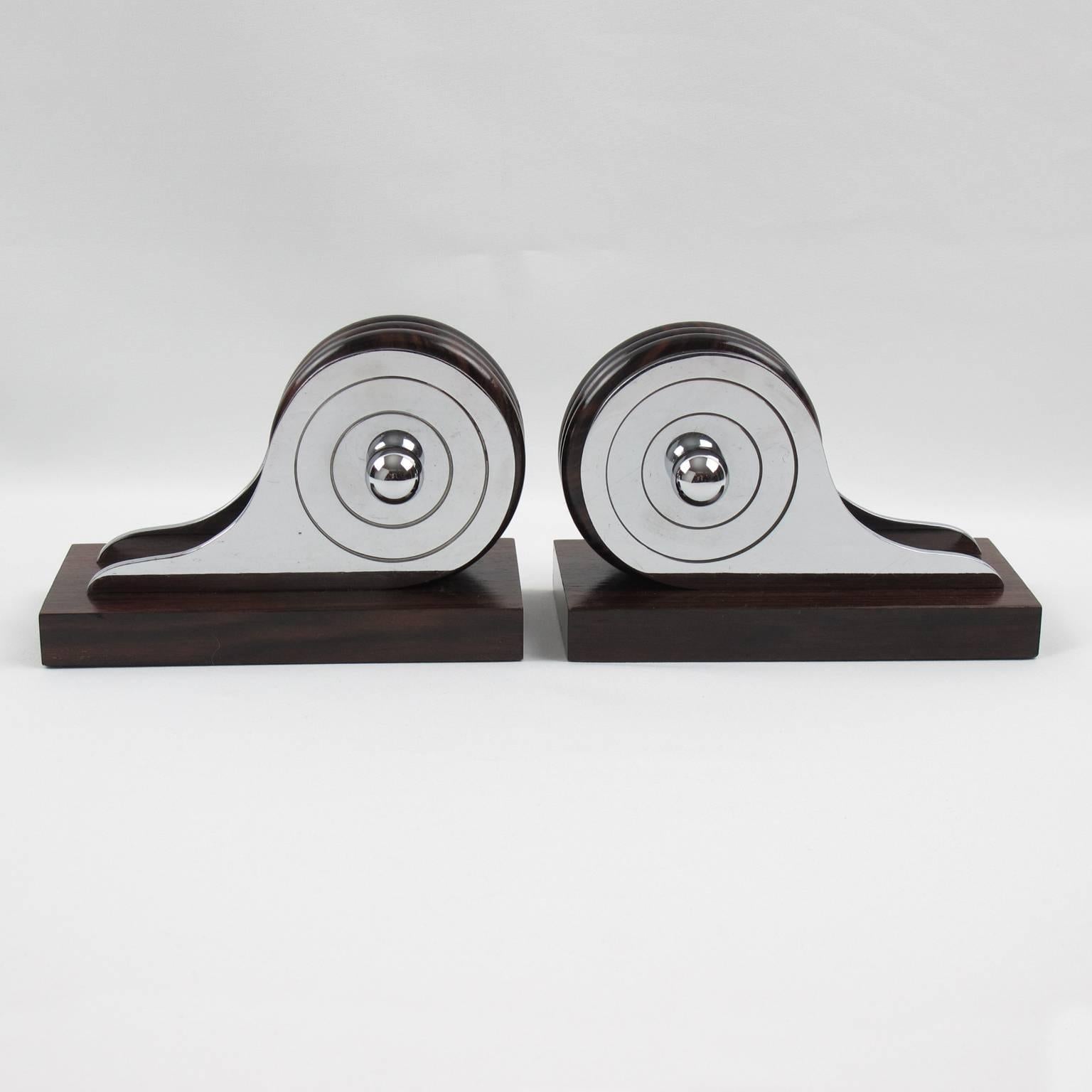 French Art Deco Carved Macassar Wood and Chrome Modernist Bookends, circa 1930s In Excellent Condition In Atlanta, GA