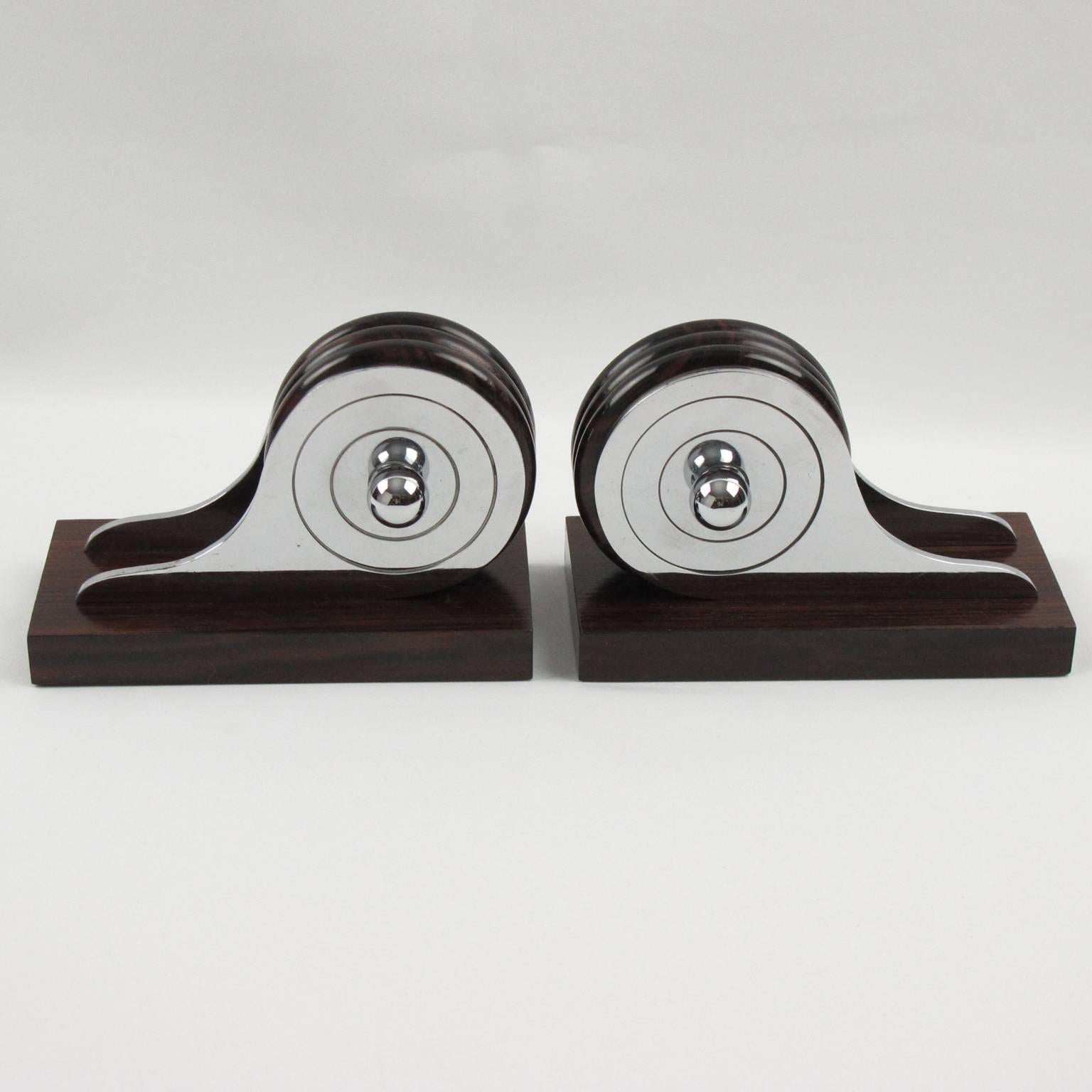 French Art Deco Carved Macassar Wood and Chrome Modernist Bookends, circa 1930s 1