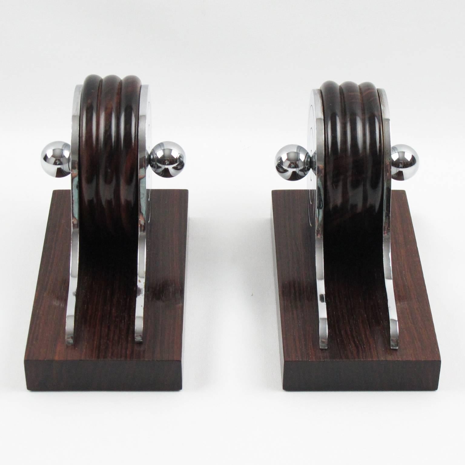 French Art Deco Carved Macassar Wood and Chrome Modernist Bookends, circa 1930s 3