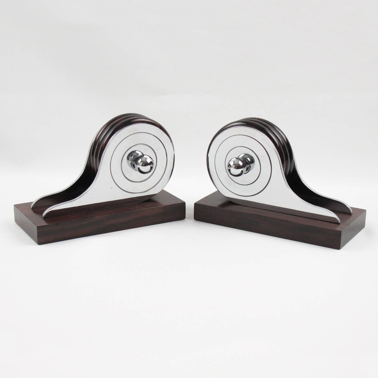 French Art Deco Carved Macassar Wood and Chrome Modernist Bookends, circa 1930s 2