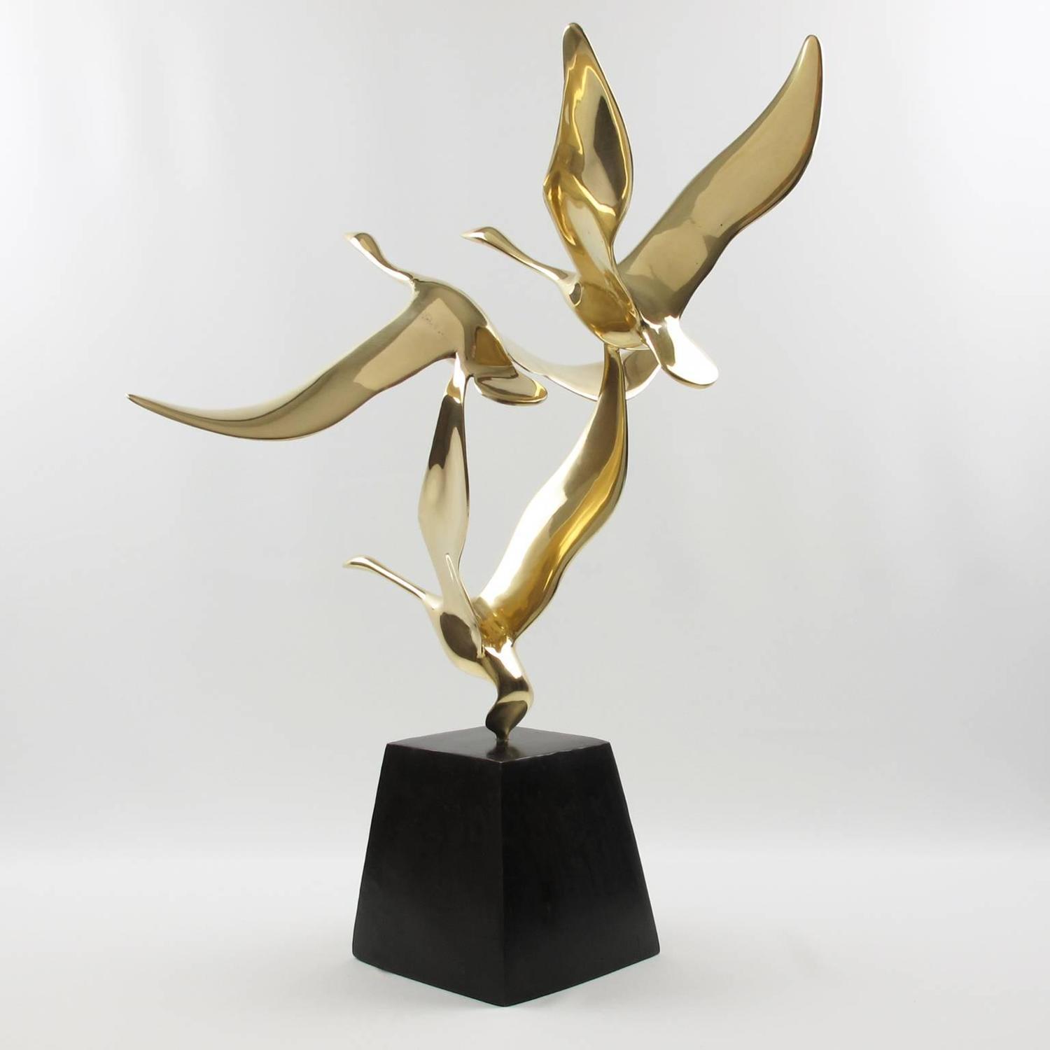 MidCentury Modernist French Brass and Bronze Flying Birds Sculpture
