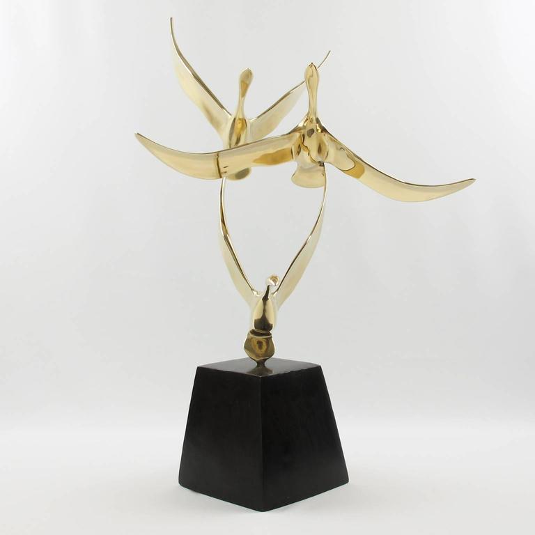 MidCentury Modernist French Brass and Bronze Flying Birds Sculpture