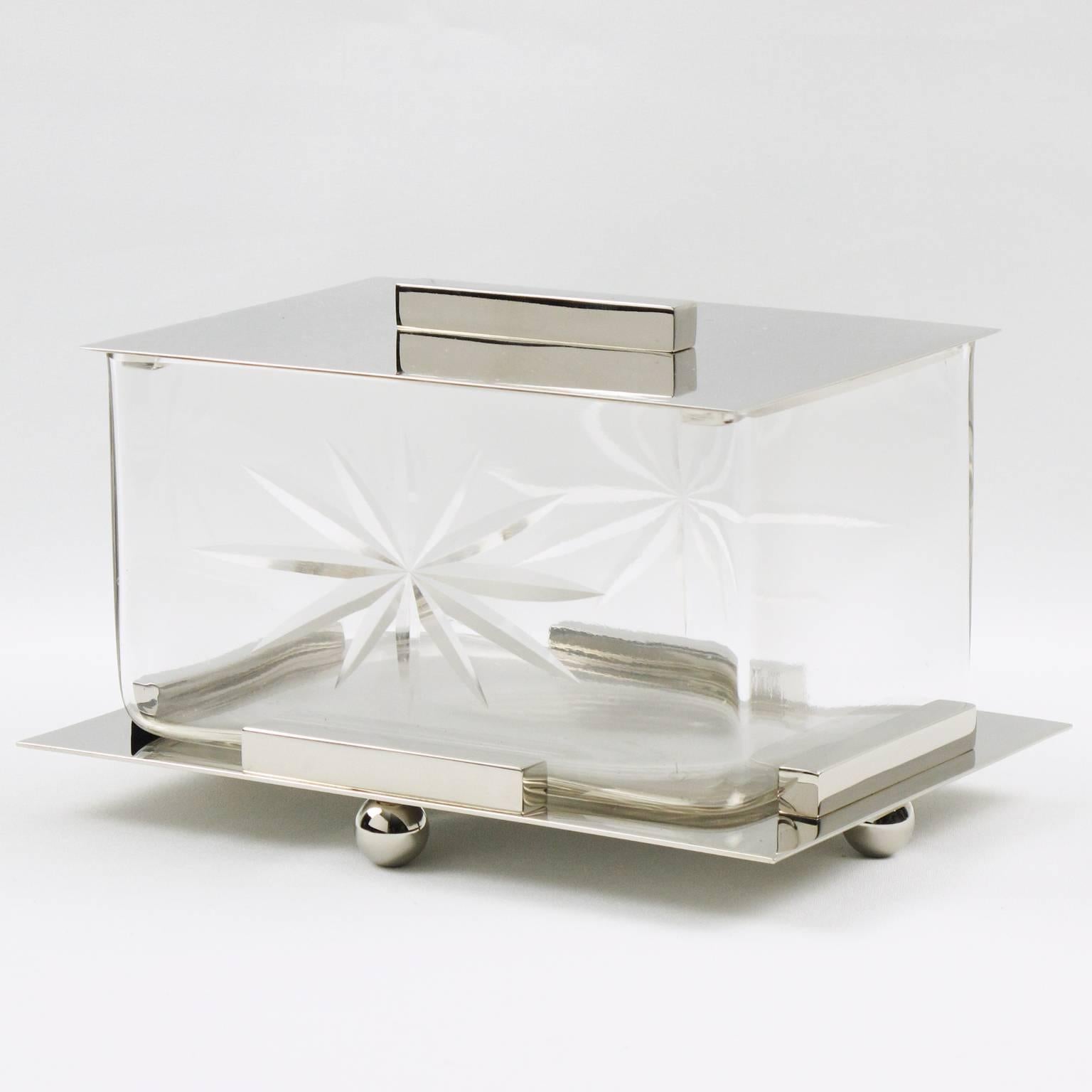 French Art Deco Chrome and Crystal Decorative Cookie Box, circa 1930s 4