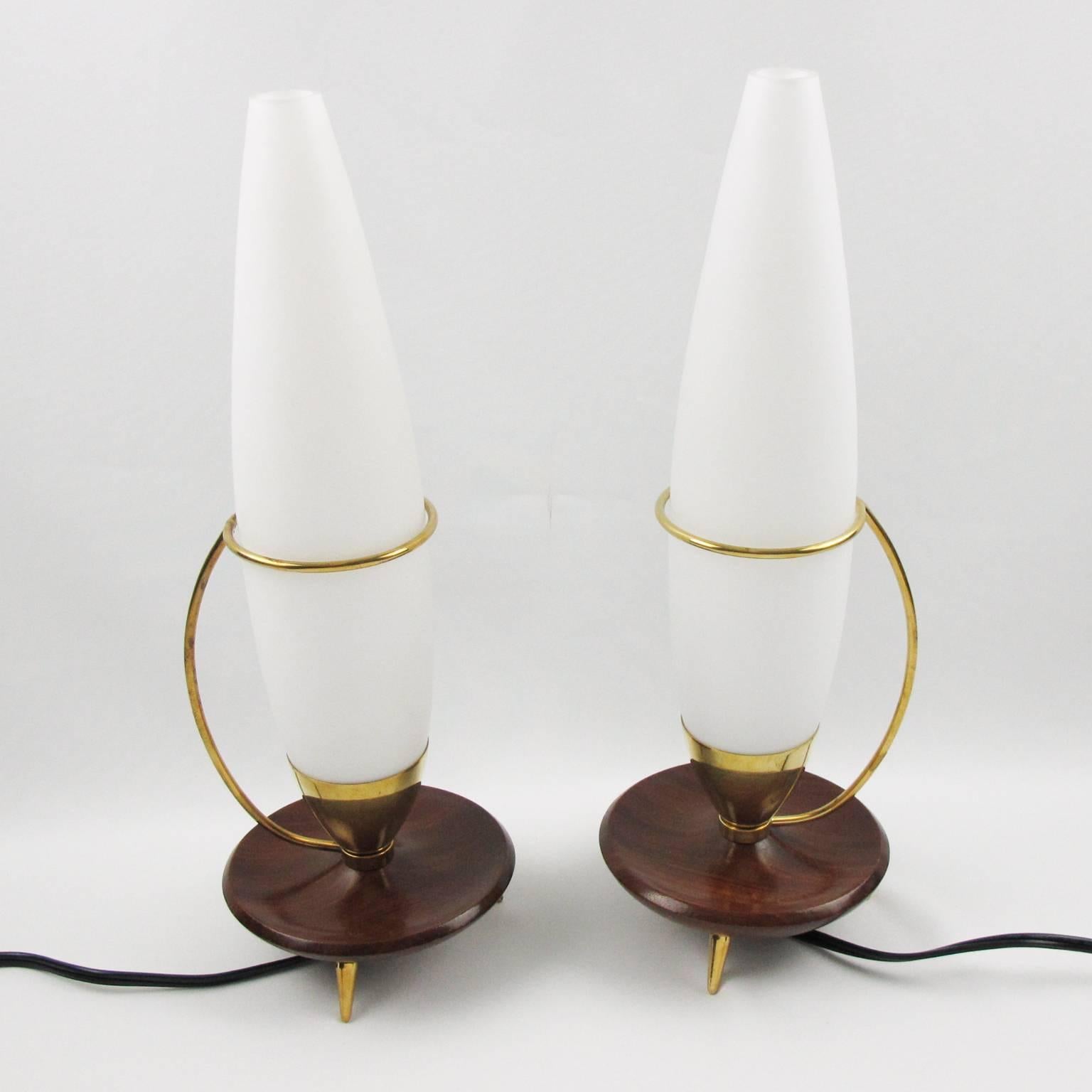 French Mid-Century Modern Space Age Sputnik Danish Teak Pair of Table Lamp, circa 1950s