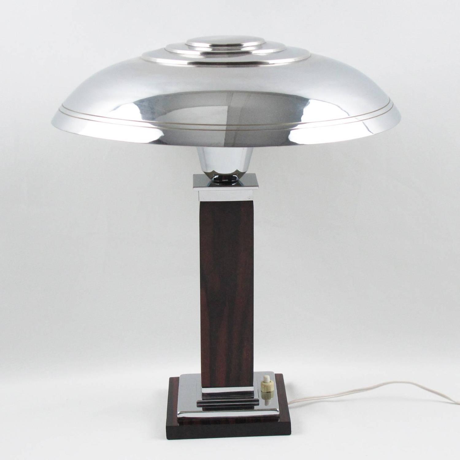 French Art Deco Chrome and Macassar Mushroom Shade Desk Table Lamp