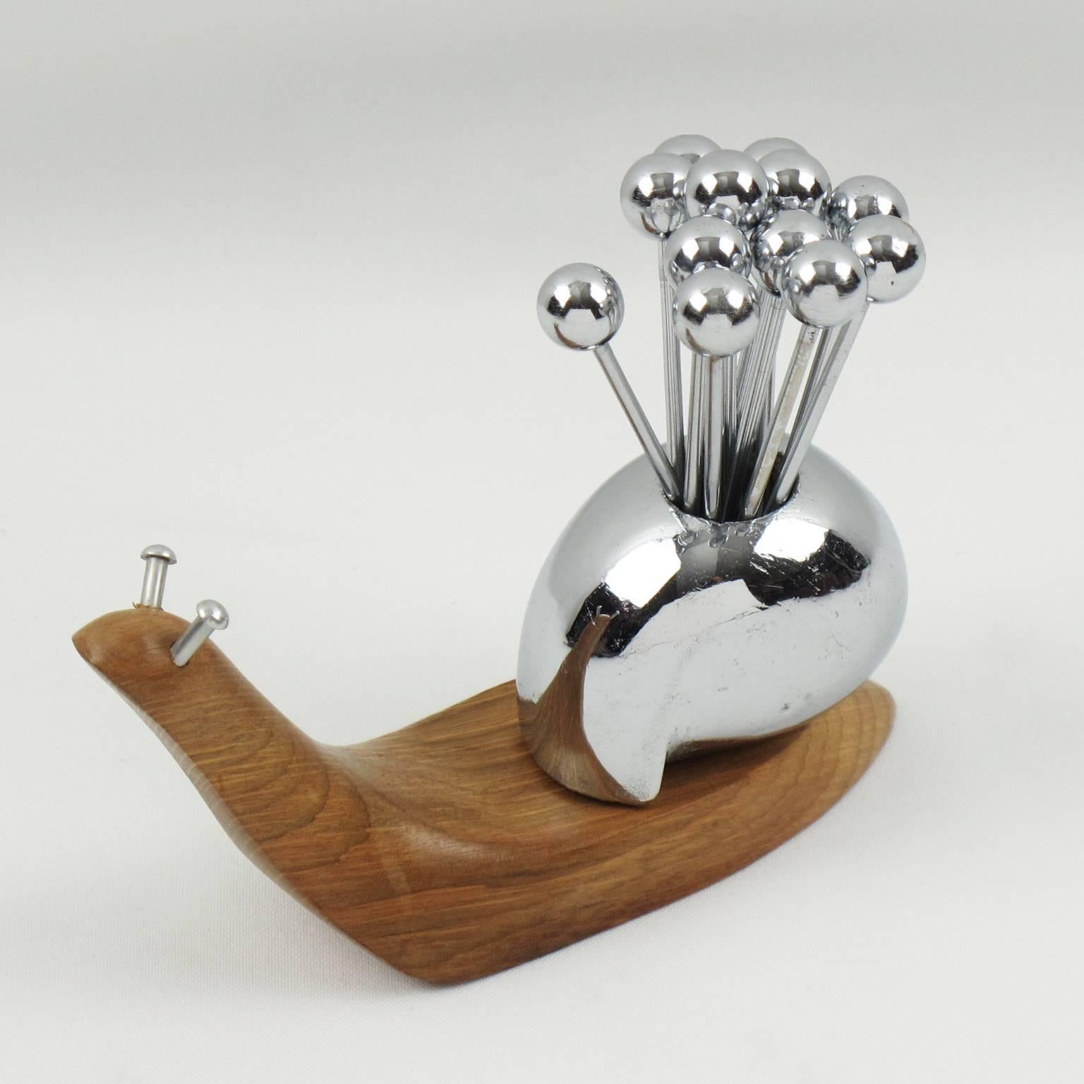 French Art Deco Wood and Chrome Cocktail Picks Barware Carved Snail, circa 1930s 1