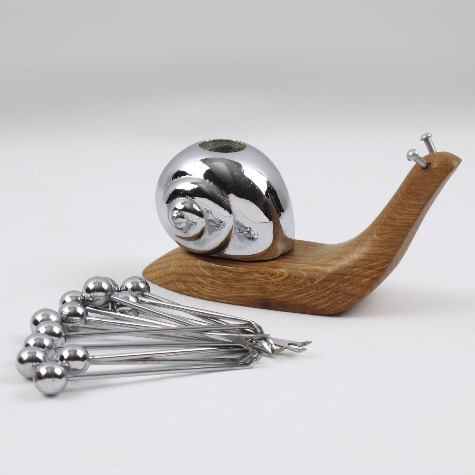Mid-20th Century French Art Deco Wood and Chrome Cocktail Picks Barware Carved Snail, circa 1930s