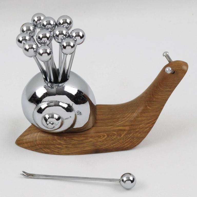 French Art Deco Wood and Chrome Cocktail Picks Barware Carved Snail