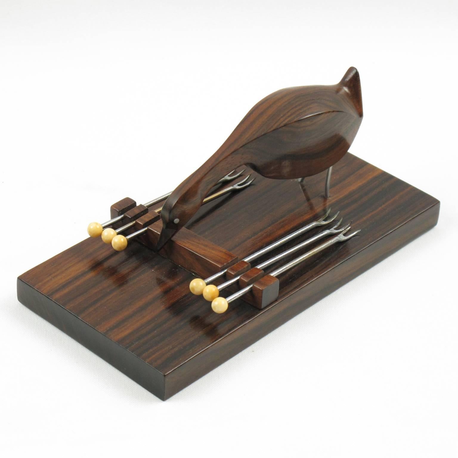 Mid-20th Century French Art Deco Macassar Wood Barware Cocktail Picks Carved Goose, circa 1930s