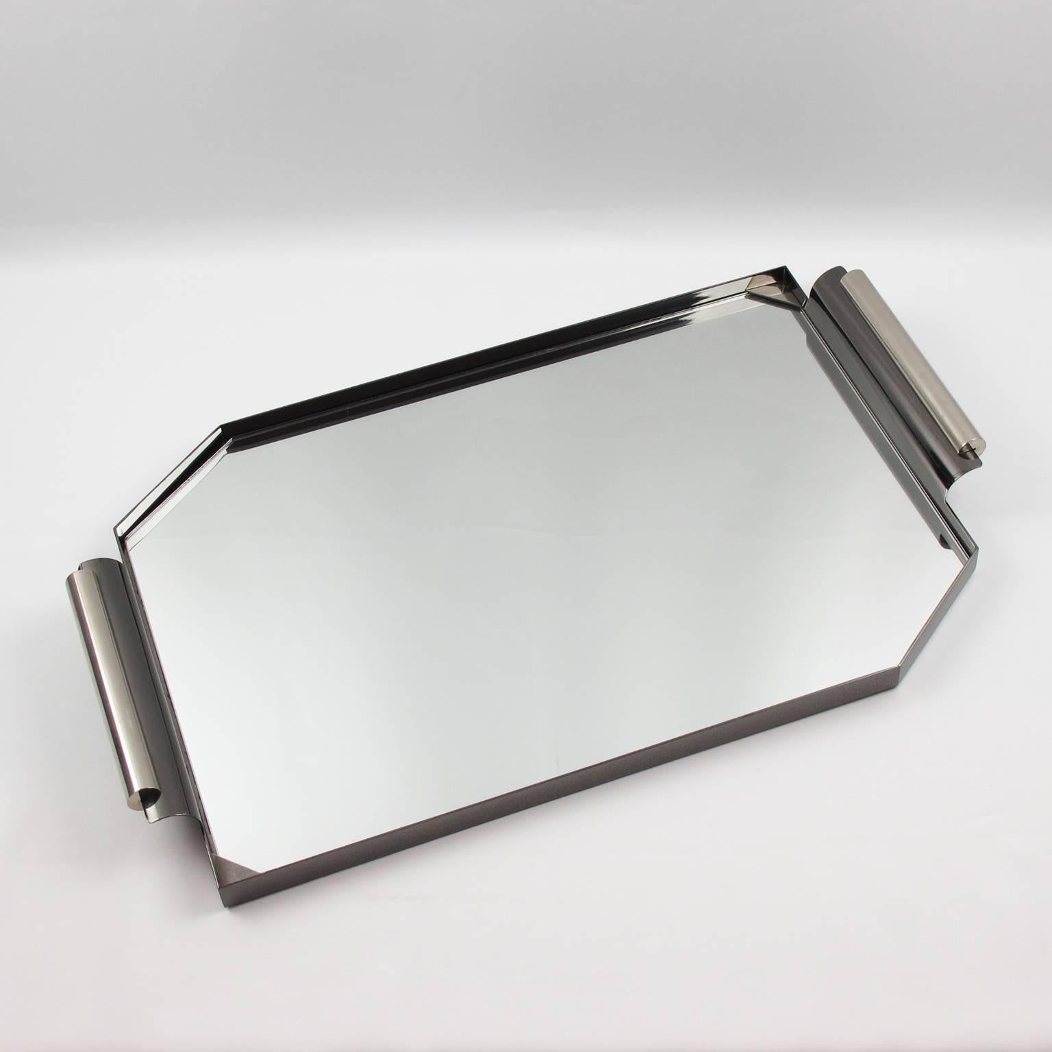 French Art Deco Machine Age Chrome & Mirror Cocktail Serving Tray, France, circa 1940s