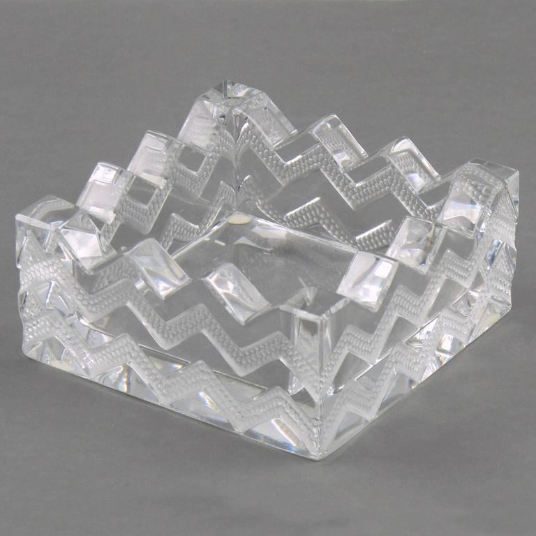 Lalique France Art Deco Square Crystal Ashtray Bowl Sudan Chevron
