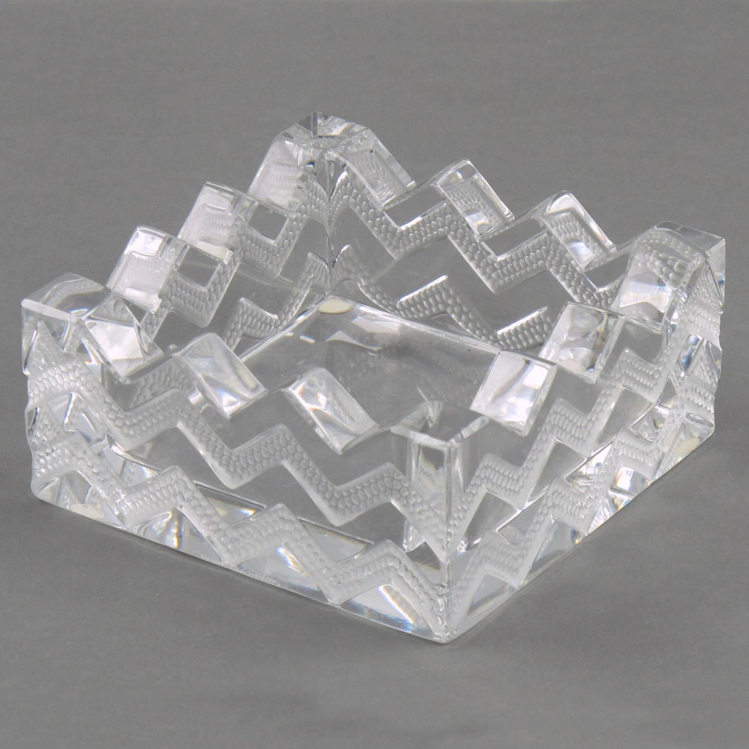 Beautiful Lalique square crystal ashtray or bowl or desk tidy with chevron pattern on the sides. Known as the 