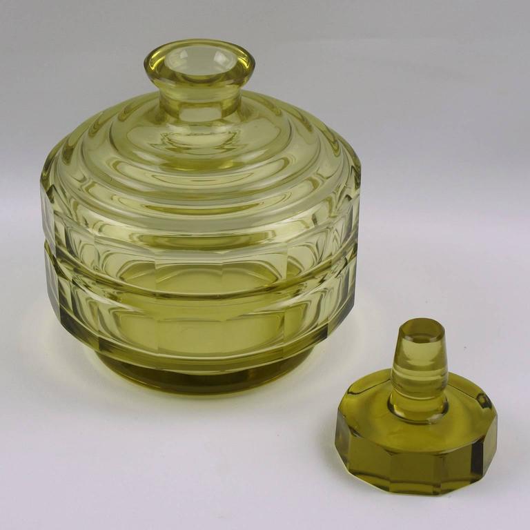 Art Deco Olive Oil Crystal Bohemian Liquor Decanter and Matching