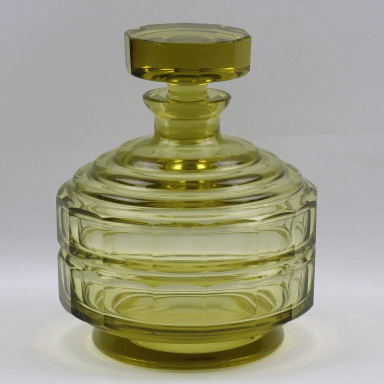 Art Deco Olive Oil Crystal Bohemian Liquor Decanter and Matching